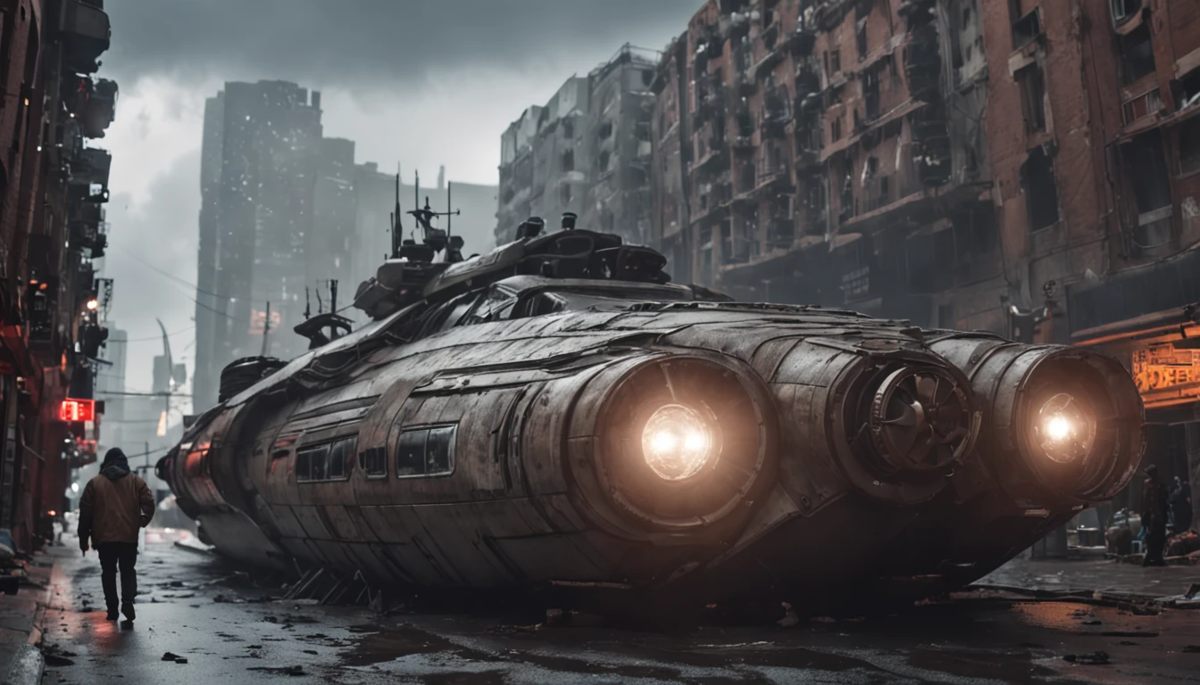 Modern love story"tmasterpiece, Better quality, Still photography, Cyberpunk-city [cyber punk perssonage], Two huge ships flew over the city [flying ships], it's night time，it is raining [rainy evening]"