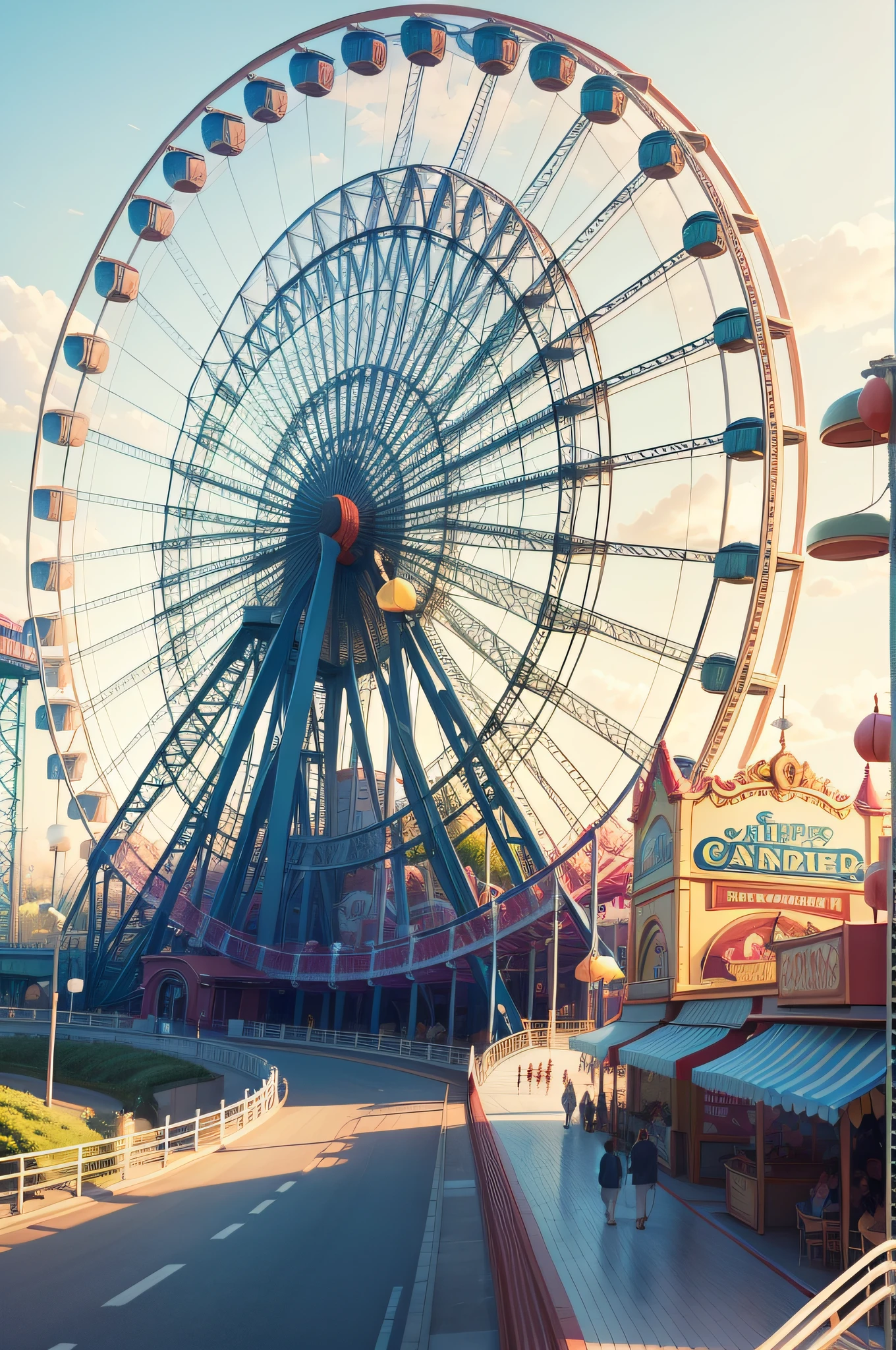 A beautiful amusement park illustration,There is a roller coaster inside、Illustration of a city with rides such as a Ferris wheel,Rides should be displayed in full