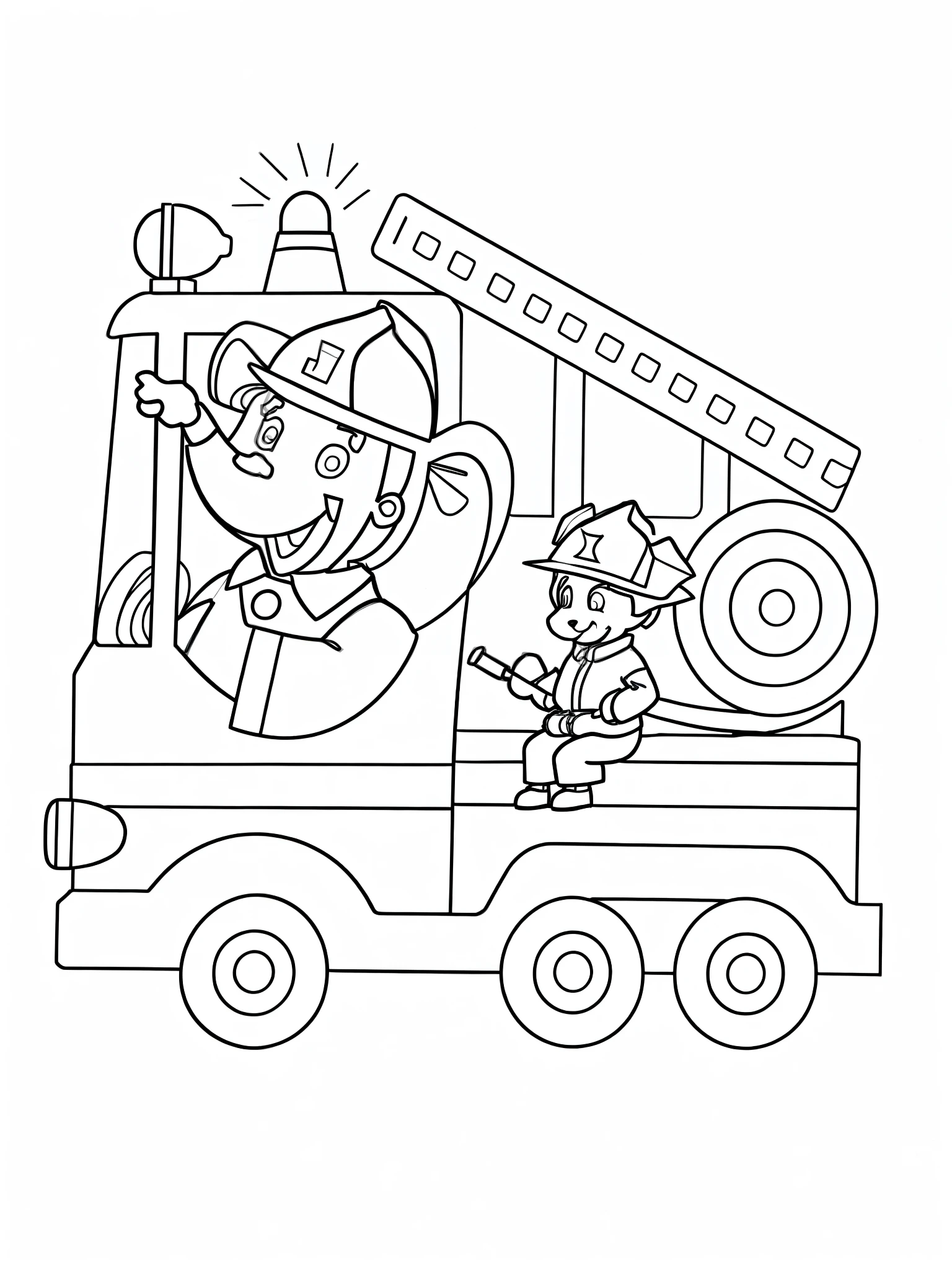 A coloring page of a fire truck with a firefighter and a dog, Dibujos para colorear, Esquema del libro para colorear, colouring - in sheet, Playing with a small fire truck, Dibujos para colorear, Line Art, coloring page, illustration black outlining, Dibujo de arte lineal para colorear, clean coloring book page, Dibujo de libro para colorear, libro para colorear, Vista grande, Arte lineal simple, line drawing