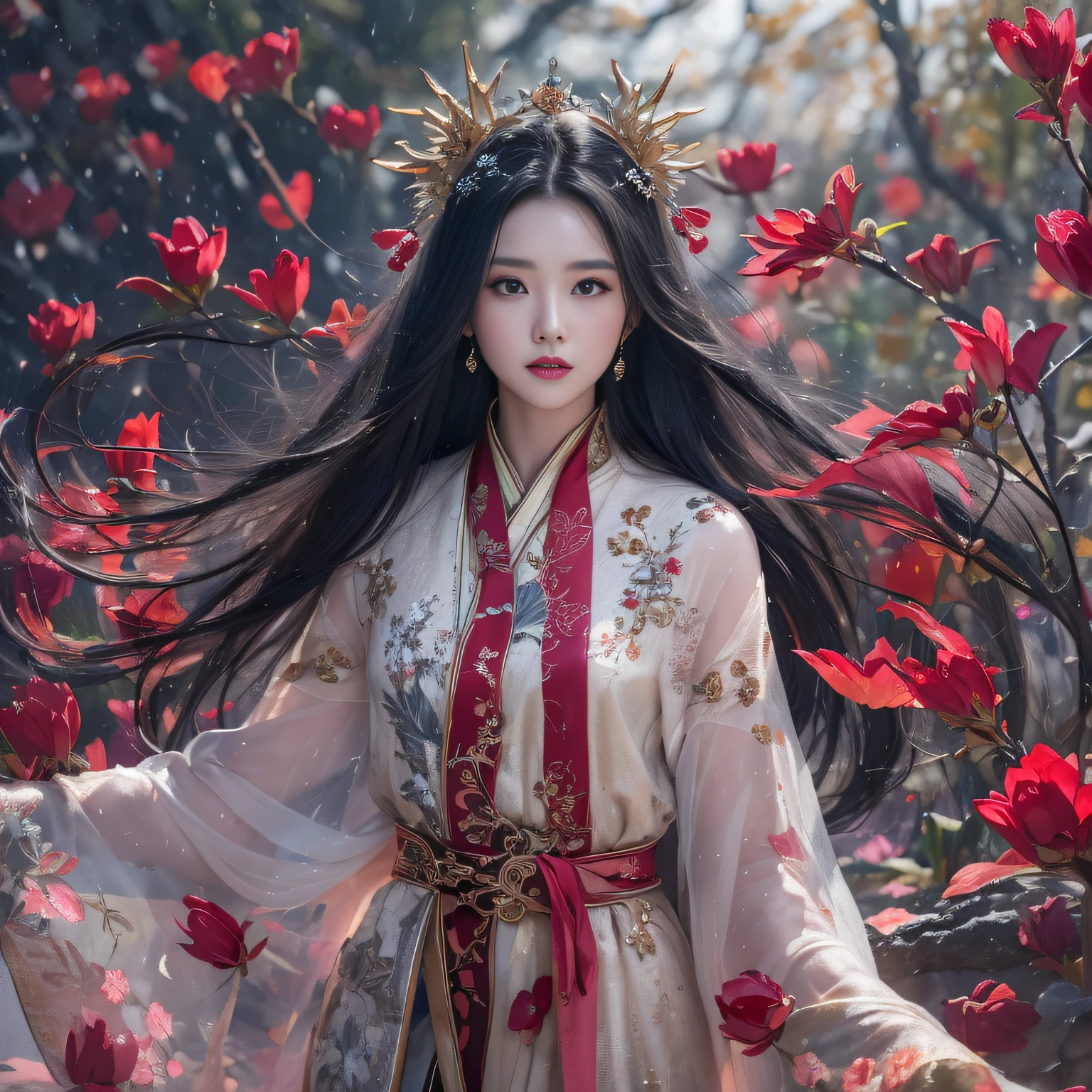 32K(tmasterpiece,k hd,hyper HD,32K)Long flowing black hair,Rockery,zydink, a color, Xuzhou people (Seduce girls), (Red scarf in the snow), jumping posture, looking at the ground, long whitr hair, Floating hair, Carp pattern headdress, Chinese long-sleeved silver battle robe, (Abstract gouache splash:1.2), Pink petal background,Tulips flying(realisticlying:1.4),Black color hair,Fallen leaves flutter,The background is pure, A high resolution, the detail, RAW photogr, Sharp Re, Nikon D850 Film Stock Photo by Jefferies Lee 4 Kodak Portra 400 Camera F1.6 shots, Rich colors, ultra-realistic vivid textures, Dramatic lighting, Unreal Engine Art Station Trend, cinestir 800,Long flowing black hair,Transparent robe clothing
