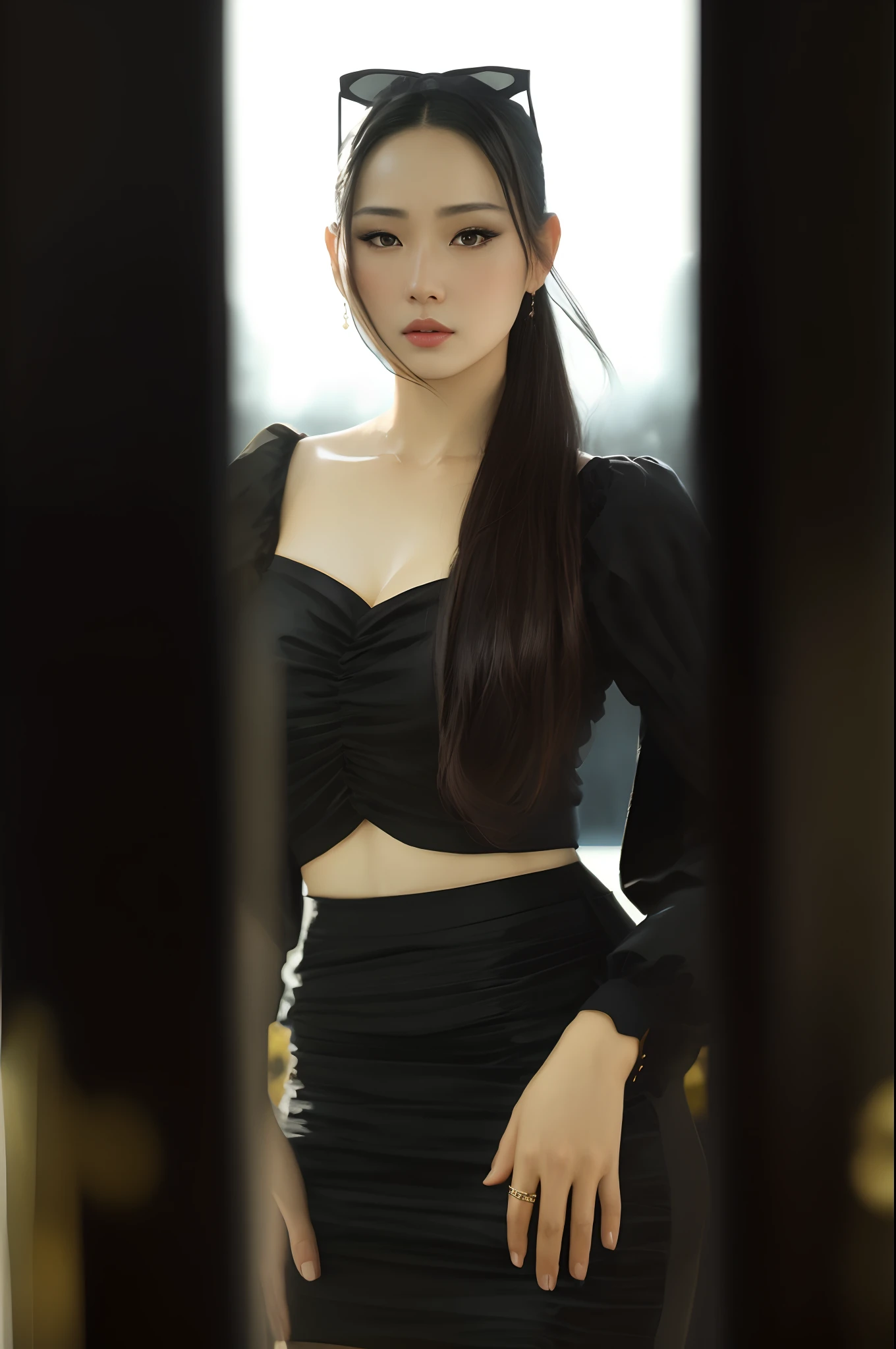 there is a woman in a black dress posing for a picture, Zhang Jingna, Portrait of Ana de la Regra, ruan jia beautiful!, Lu Ji, kimi vera, up face with 1 9 2 0 s hairstyle, Fan Bingbing, Hana Alyssa Omar, author：Arthur Penn, poster shot, inspired by Yao Tingmei, gorgeous beautiful woman