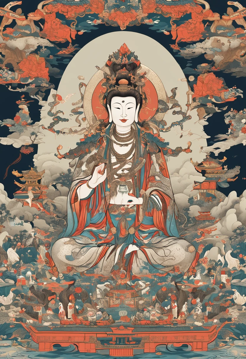 （tmasterpiece，best qualtiy，超高分辨率，Detailed details），Avalokiteshvara、A scene from the《Journey》 ，Dressed in white，Holding a treasure bottle，Inspired by Journey to the West，inspired by Shunkōsai Hokushū，in the artistic style of mohrbacher，Chinese mythology，Inspired by Ryūkōsai Jokei，in style of peter mohrbacher