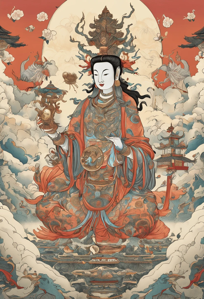 (tmasterpiece,best qualtiy,超高分辨率,Detailed details),Avalokiteshvara、A scene from the《Journey》 ,Dressed in white,Holding a treasure bottle,Inspired by Journey to the West,inspired by Shunkōsai Hokushū,in the artistic style of mohrbacher,Chinese mythology,Inspired by Ryūkōsai Jokei,in style of peter mohrbacher