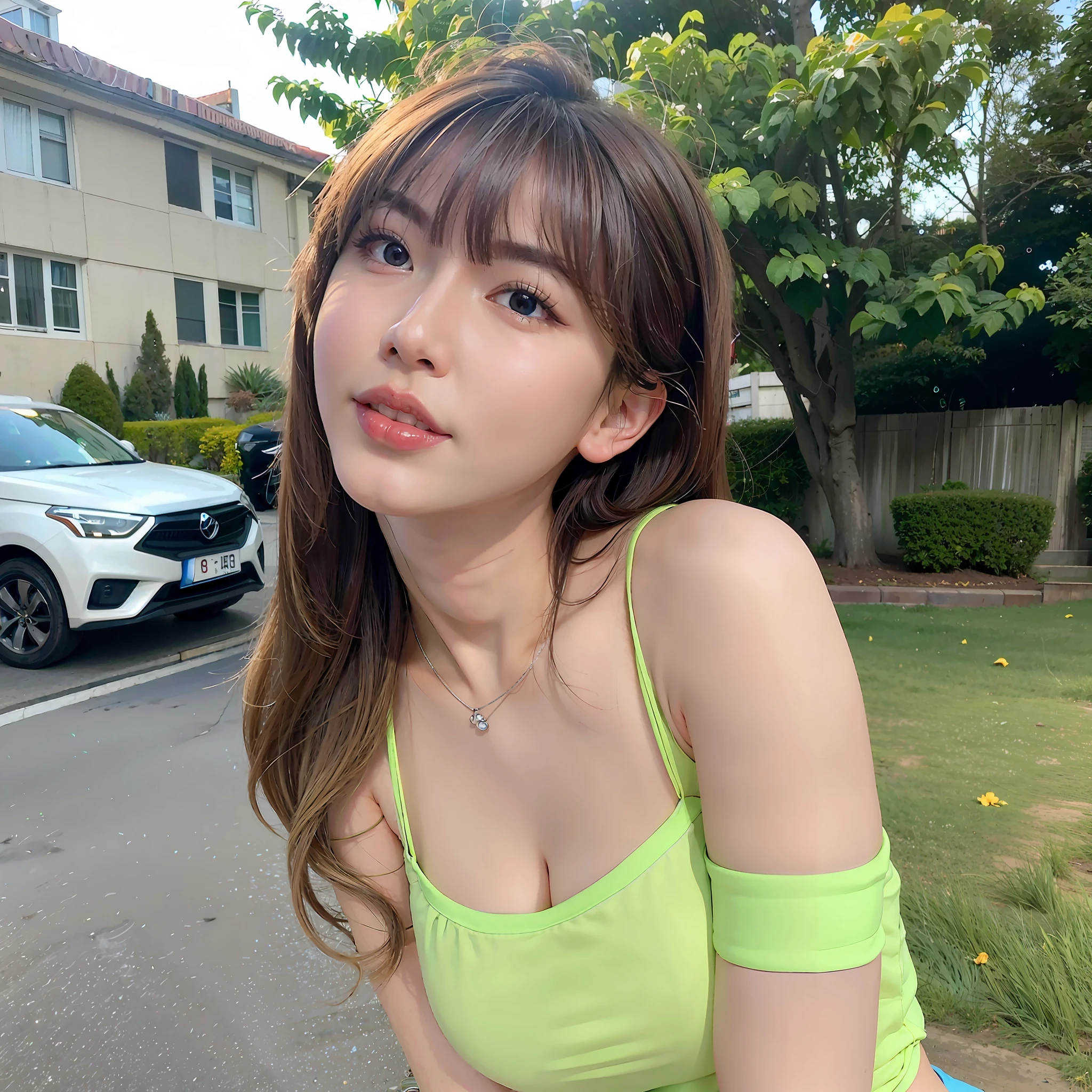 Asian woman sitting on skateboard in green top, Gorgeous young Korean woman, 8k selfie photograph, hot with shining sun, light green tone beautiful face, Beautiful young Korean woman, 8K Artgerm bokeh, beautiful Korean women, Choi Hyun-hwa, young lovely Korean faces, jaeyeon nam, ulzzangs