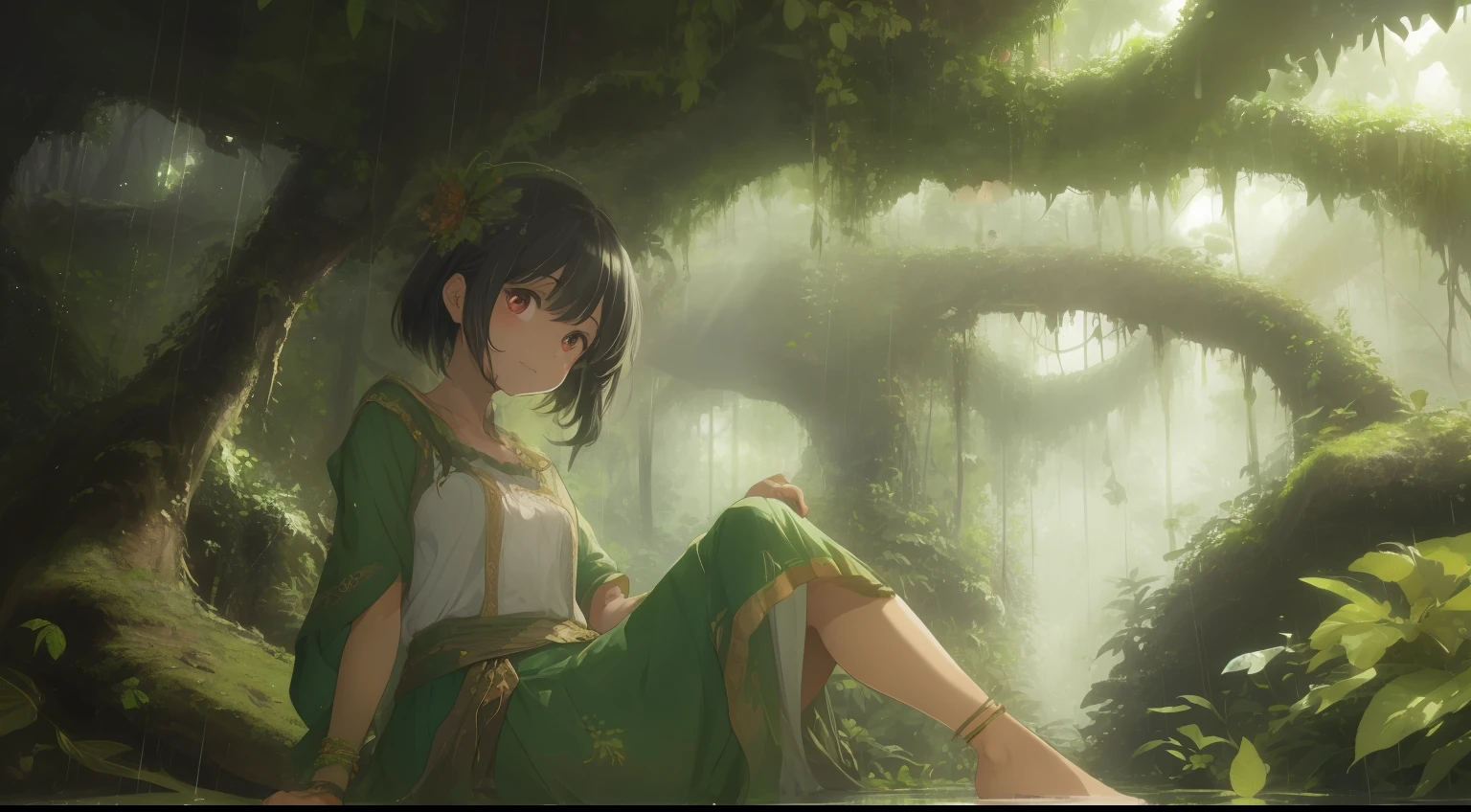 "A vast and lush jungle stretches out beneath the overcast sky. The dense foliage forms a canopy that filters the sunlight, casting a soothing green hue over the landscape. Towering trees adorned with vibrant and oversized flowers create a surreal and breathtaking environment. The air is filled with the rich scent of earth and rain, promising the magic of the ongoing rainy season.Amidst this breathtaking expanse, a young girl named Aanya explores the beauty of the jungle. Her presence blends seamlessly with the natural wonder around her. Aanya's eyes reflect a sense of wonder and curiosity as she gazes at the towering trees and the vibrant flora. Her rain-kissed hair frames her face, which holds a mixture of awe and serenity.The flower-filled jungle seems to embrace Aanya as she ventures deeper into its heart. Enormous blossoms of vivid colors surround her, forming a vibrant tapestry that delights the senses. The petals are large enough for her to sit upon, creating an almost surreal experience. Droplets of rainwater cling to the petals, reflecting the world around them like tiny glistening jewels.As Aanya walks, her fingers brush against the velvety petals, causing them to release a subtle fragrance that mingles with the scent of the rain. The ground beneath her feet is soft and slightly damp, a reminder of the life that thrives within this jungle. The occasional sound of distant chirping birds and the soft rustling of leaves adds to the symphony of nature.The rain intensifies, creating a gentle melody as it patters on the leaves above. Aanya tilts her head back, allowing the cool raindrops to kiss her skin. She laughs, her joy a perfect harmony with the tranquil rhythm of the jungle. In this moment, she is one with the environment, a part of the enchanting dance of life that unfolds within the heart of the rainforest.