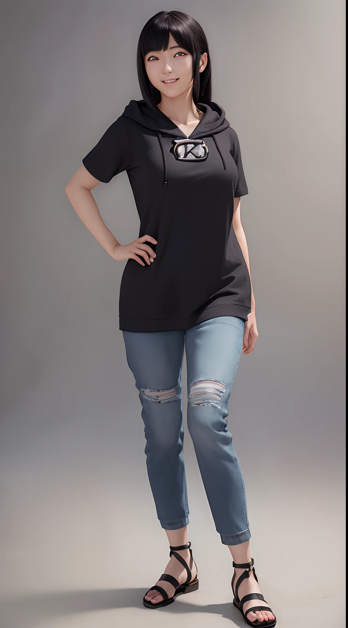 masterpiece, (photorealistic:1.4), best quality, beautiful lighting, HinataNS, solo, smile, hood, simple_background, konohagakure_symbol, black_background, full_body, sandals, pants, bandages, RAW photo, 8k uhd, film grain, full body, stand