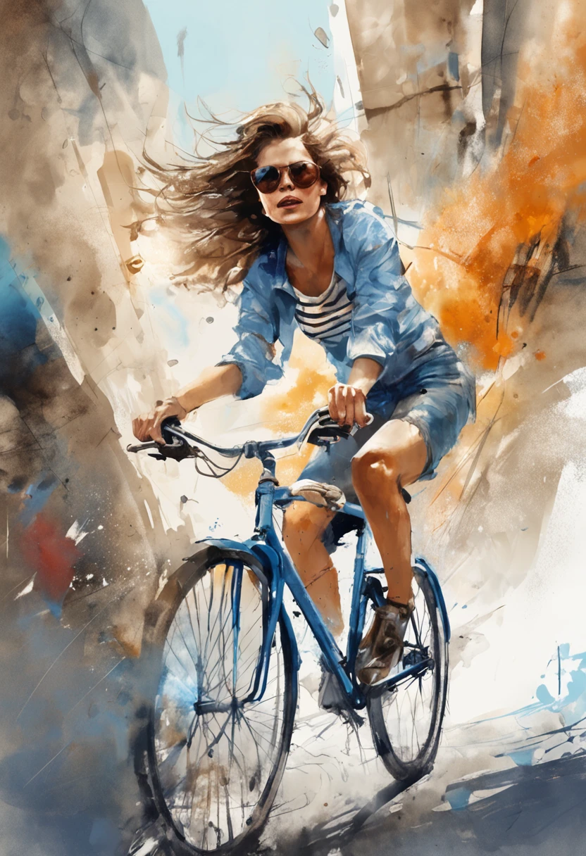 Perfect centering, Cute girl, Wear a blue and white striped T-shirt, Wearing sunglasses, Riding a bicycle,Fall, cheerfulness, Standing position, Abstract beauty, Centered, Looking at the camera, Facing the camera, nearing perfection, Dynamic, Highly detailed, smooth, Sharp focus, 8K, high definition resolution, illustration, Art by Carne Griffiths and Wadim Kashin, White background