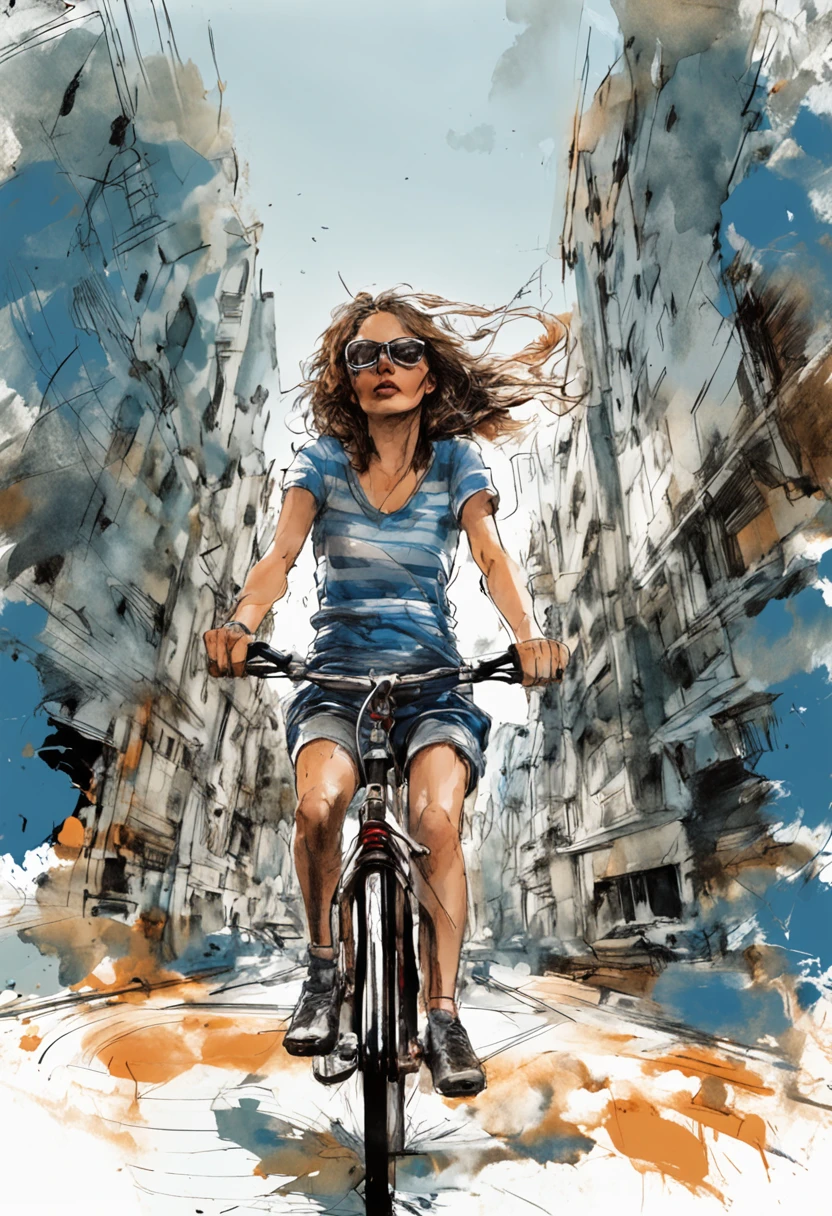 Perfect centering, Cute girl, Wear a blue and white striped T-shirt, Wearing sunglasses, Riding a bicycle,Fall, cheerfulness, Standing position, Abstract beauty, Centered, Looking at the camera, Facing the camera, nearing perfection, Dynamic, Highly detailed, smooth, Sharp focus, 8K, high definition resolution, illustration, Art by Carne Griffiths and Wadim Kashin, White background