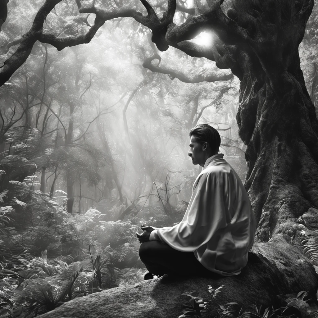 (Masterpiece)"black and white images,Man meditating in the forest,Used as illustration for fantasy role-playing games. The character should be depicted in full body on a white background, The monochrome style should highlight the presence of the character,Highlight the interplay of light and shadow, Add a touch of intrigue to the overall composition", "Best quality, Masterpiece, 超高分辨率, (photograph realistic:1.4), surrealism, Dream-like,fusionart,,"