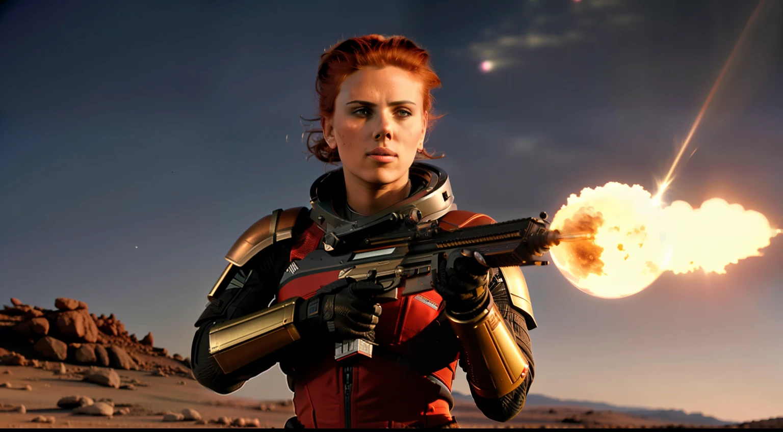 (8k, RAW photo, best quality, highres: 1.2), (realistic, photorealistic: 1.37), full body shot of Scarlett Johannsen shooting a gun on Mars as a mass effect soldier in a futuristic outfit, (wielding a high-tech weapon), red hair, (off center), with a determined look on her face. The backdrop should depict a dystopian Martian landscape under a stormy sky. facing the right, space helmet, (135mm lens, F/1.8, lens flare)