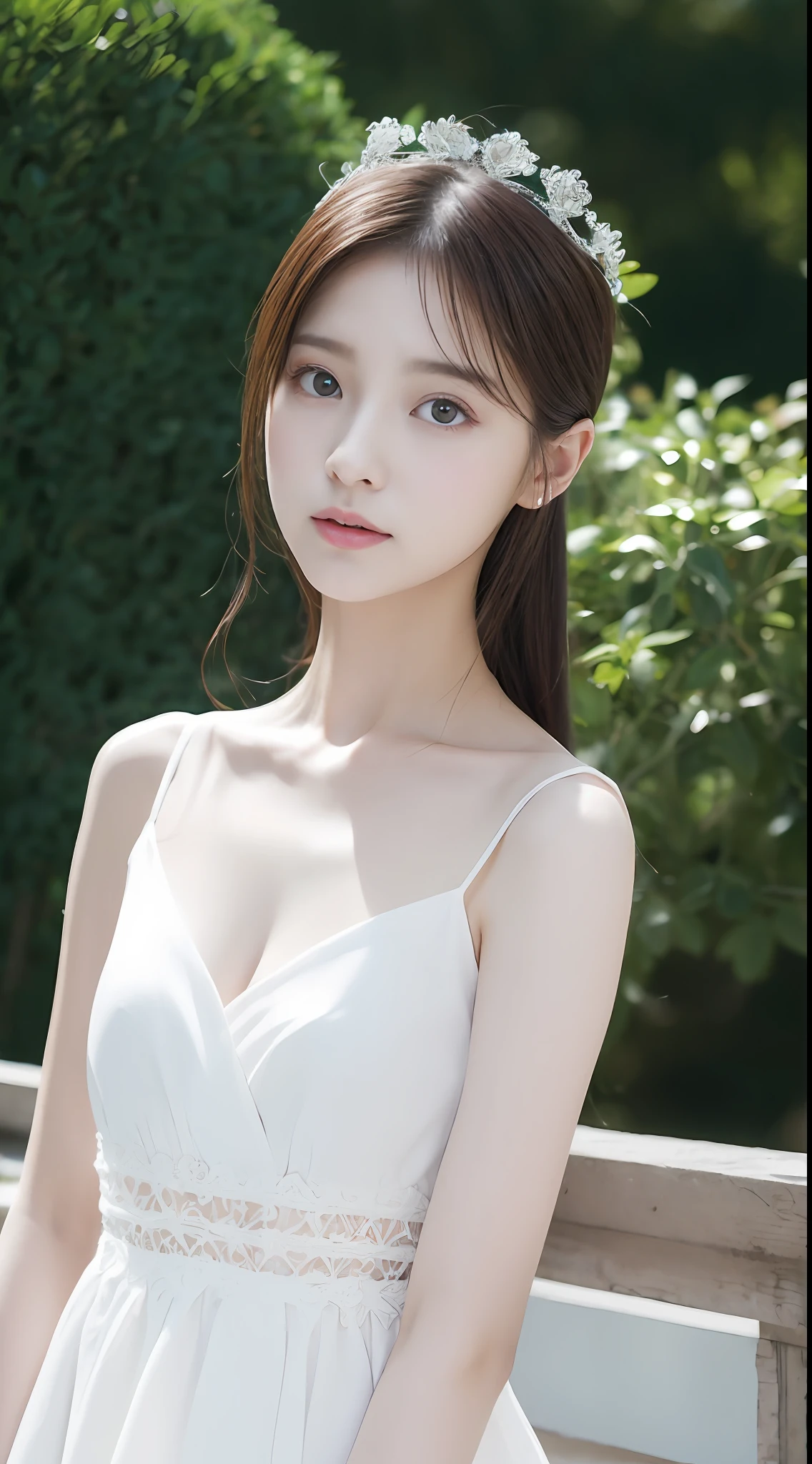 A pure beauty，Sit quietly，Keep your mouth shut。She is a single picture，The delicate facial features and perfect face are hard to ignore。She wore a white dress，It makes her appear more pure。Positive perspective，It makes us feel her presence。In the background，You can see a soft sunlight shining down，It added a little warmth to her。