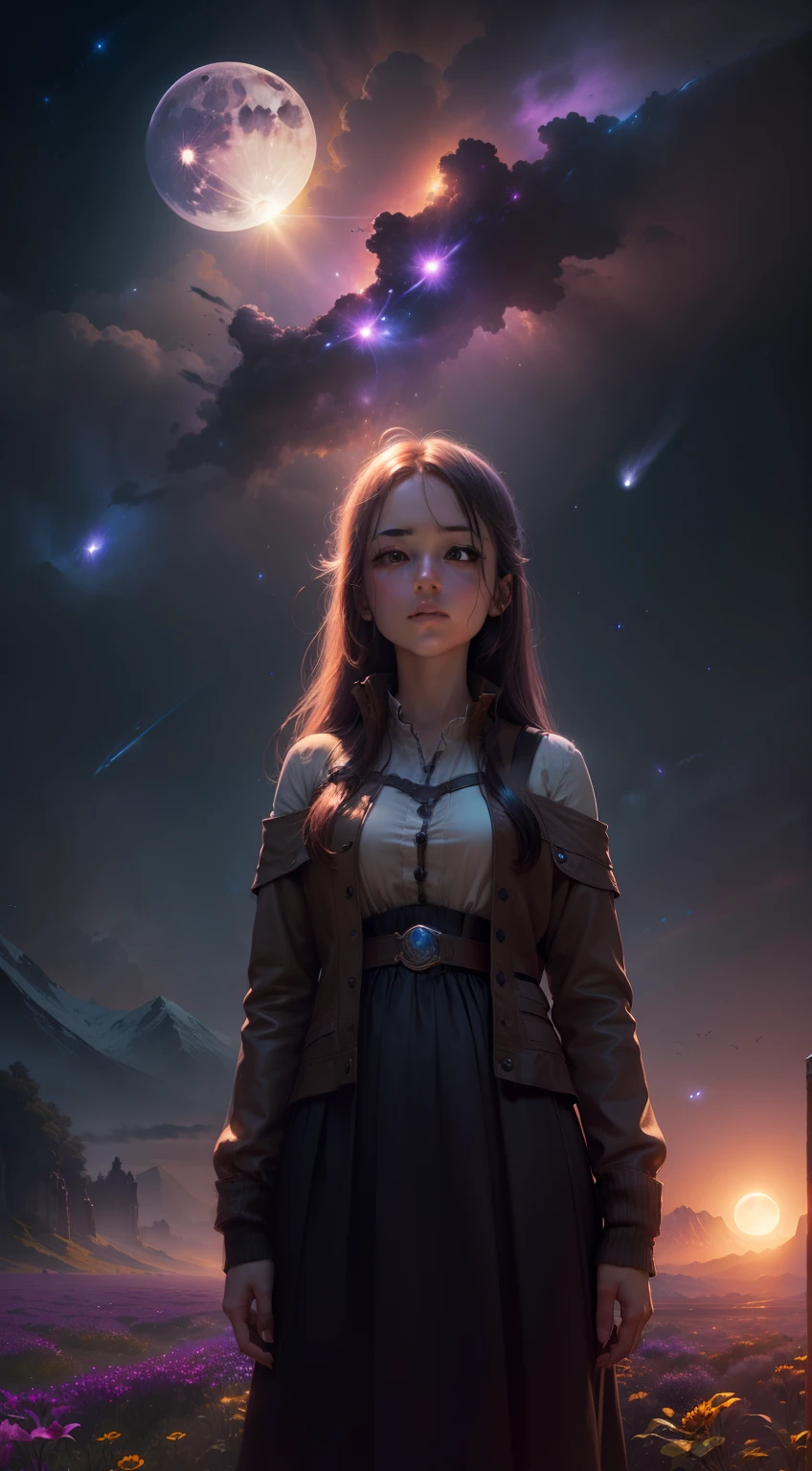 expansive landscape photograph , (a view from below that shows sky above and open field below), a girl standing on flower field looking up, (full moon:1.2), ( shooting stars:0.9), (nebula:1.3), distant mountain, tree BREAK
production art, (warm light source:1.2), (Firefly:1.2), lamp, lot of purple and orange, intricate details, volumetric lighting BREAK
(masterpiece:1.2), (best quality), 4k, ultra-detailed, (dynamic composition:1.4), highly detailed, colorful details,( iridescent colors:1.2), (glowing lighting, atmospheric lighting), dreamy, magical, (solo:1.2)