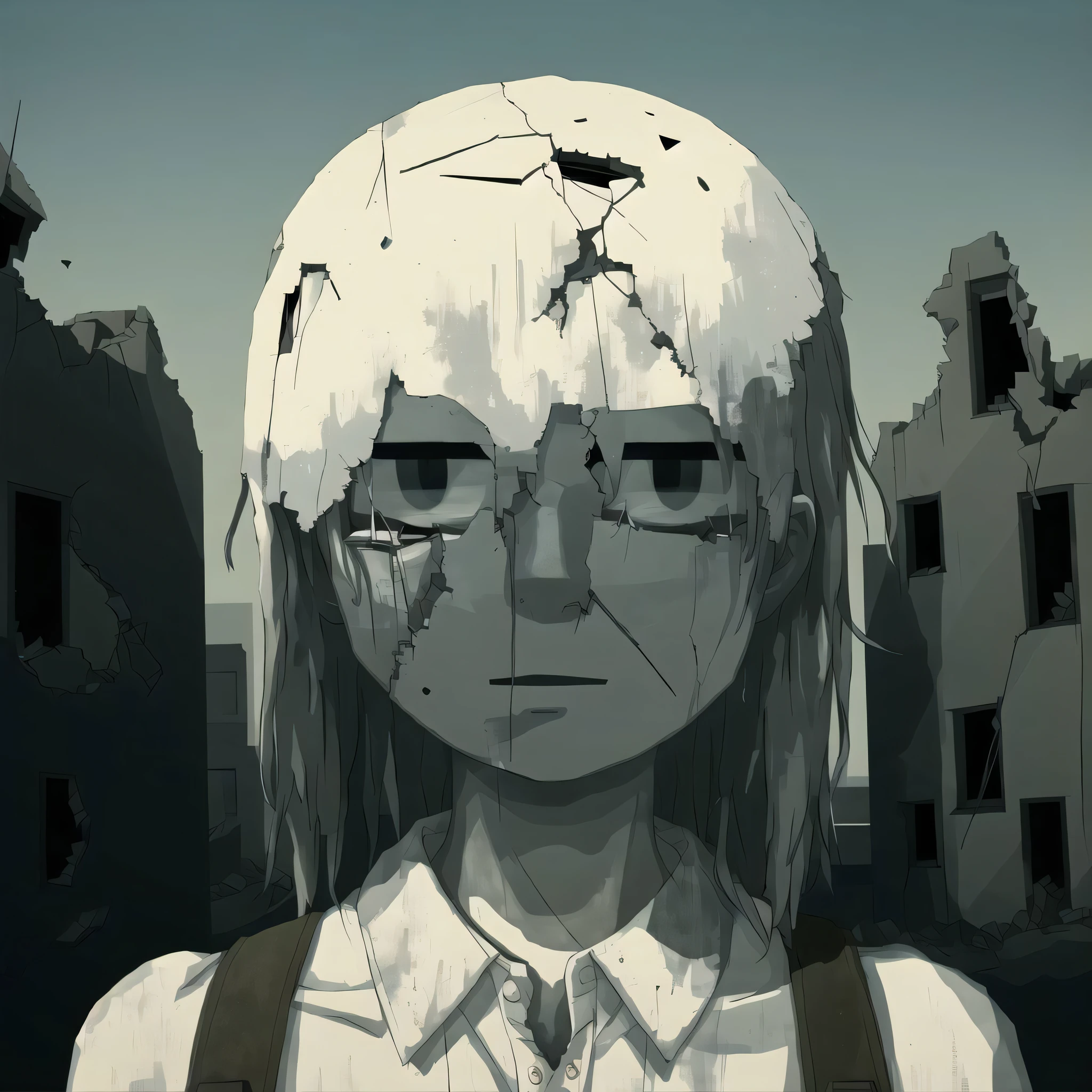 expressionless, empty eyes, post-apocalypse, crumbling city on background, portrait