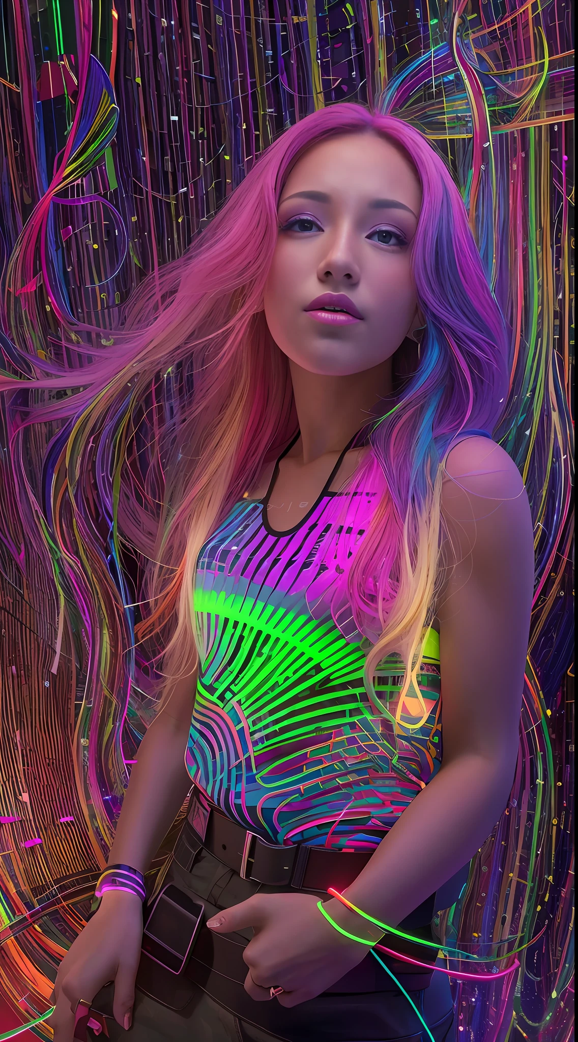 Arafed woman with long rainbow hair and a neon cyberpunk tank top, retrato, Ela tem um rosto bonito, Imagens da Webcam, clivagem, peituda, sexy look at the camera, Fotografado na webcam, 4 8 0 p, 480p, Seu peito, she's facing the camera, gorgeous female, fundo do clube de discoteca, RGB, LED Rave Lighting