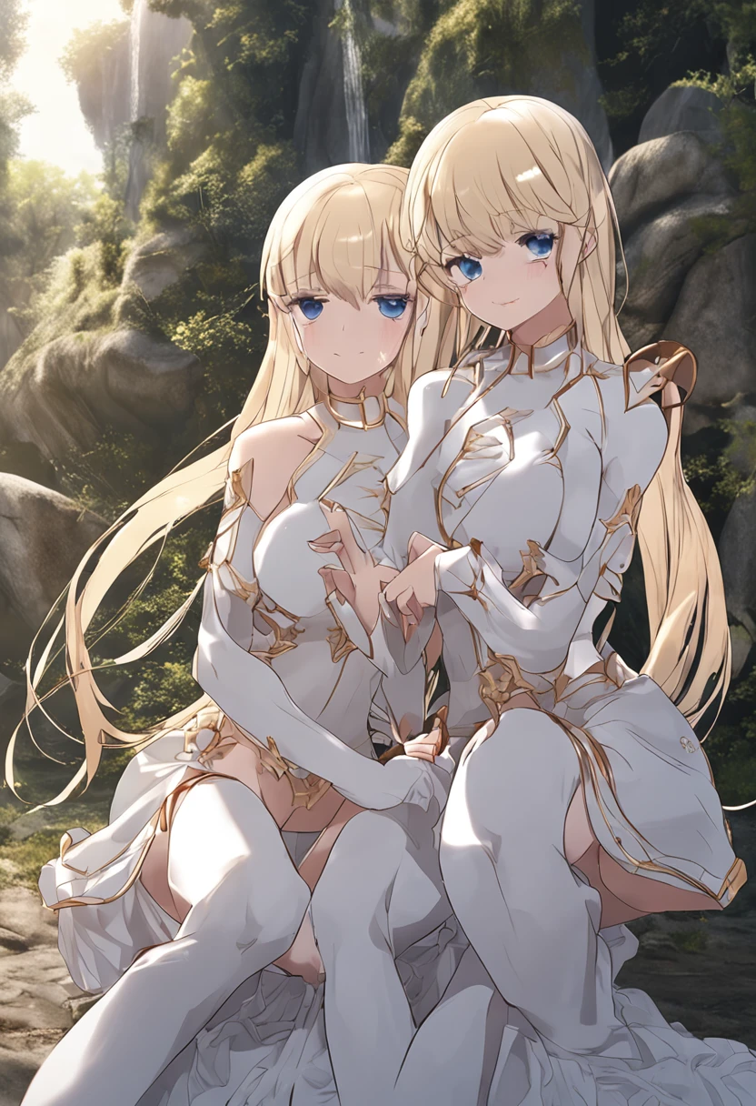 (Daisaku), (Need), (Super meticulous), (full bodyesbian: 1.2), (soio), two twins with breasts, one blonde and the other with white hair dressed in angel costumes and have beautiful white wings