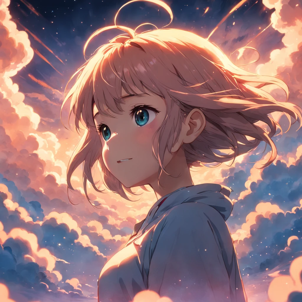 masterpiece, best quality, movie still, 1girl, cloud girl, floating in the sky, close-up, bright, happy, warm soft lighting, sunset, (sparks:0.7)