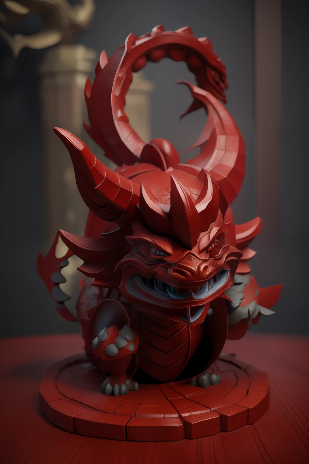 On the wooden frame is a statue of a red dragon, painted in zbrush, colored zbrush render, highly detailed toy, Anger. ultra - detailed, super detailed render, cacodemon, Red Dragon, trending on polycount, made with zbrush, rendered in zbrush, highly detailed and colored, made in zbrush, 3 d render stylized