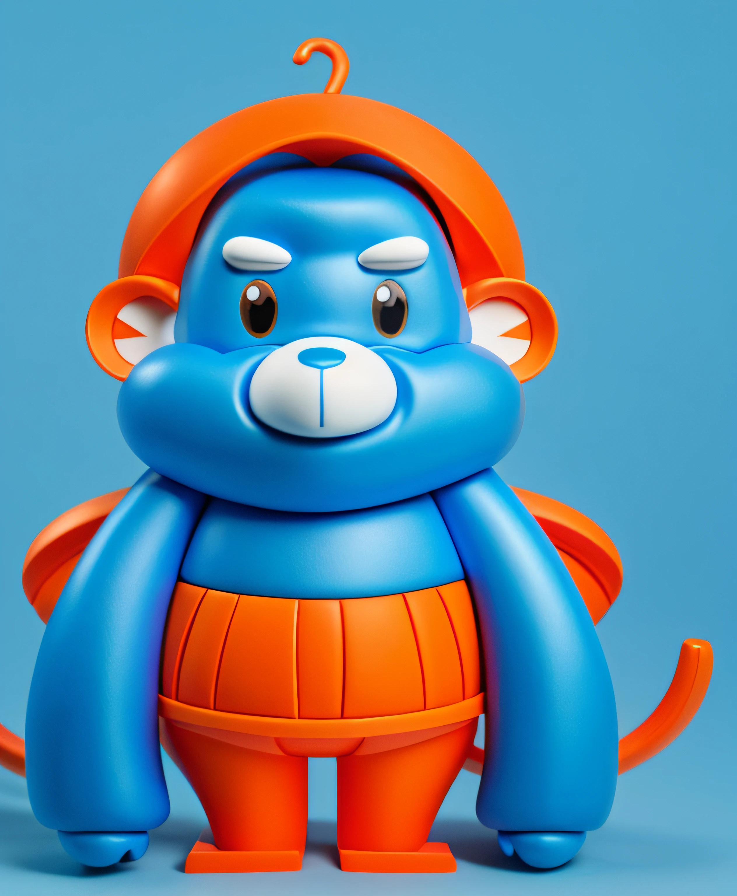 pale blue skin，Cartoon monkey，Monkey, japanese mascot,  3D mascot，There is a life ring around the waist，Orange and white swimming rings，Long tail，orang，white backgrounid