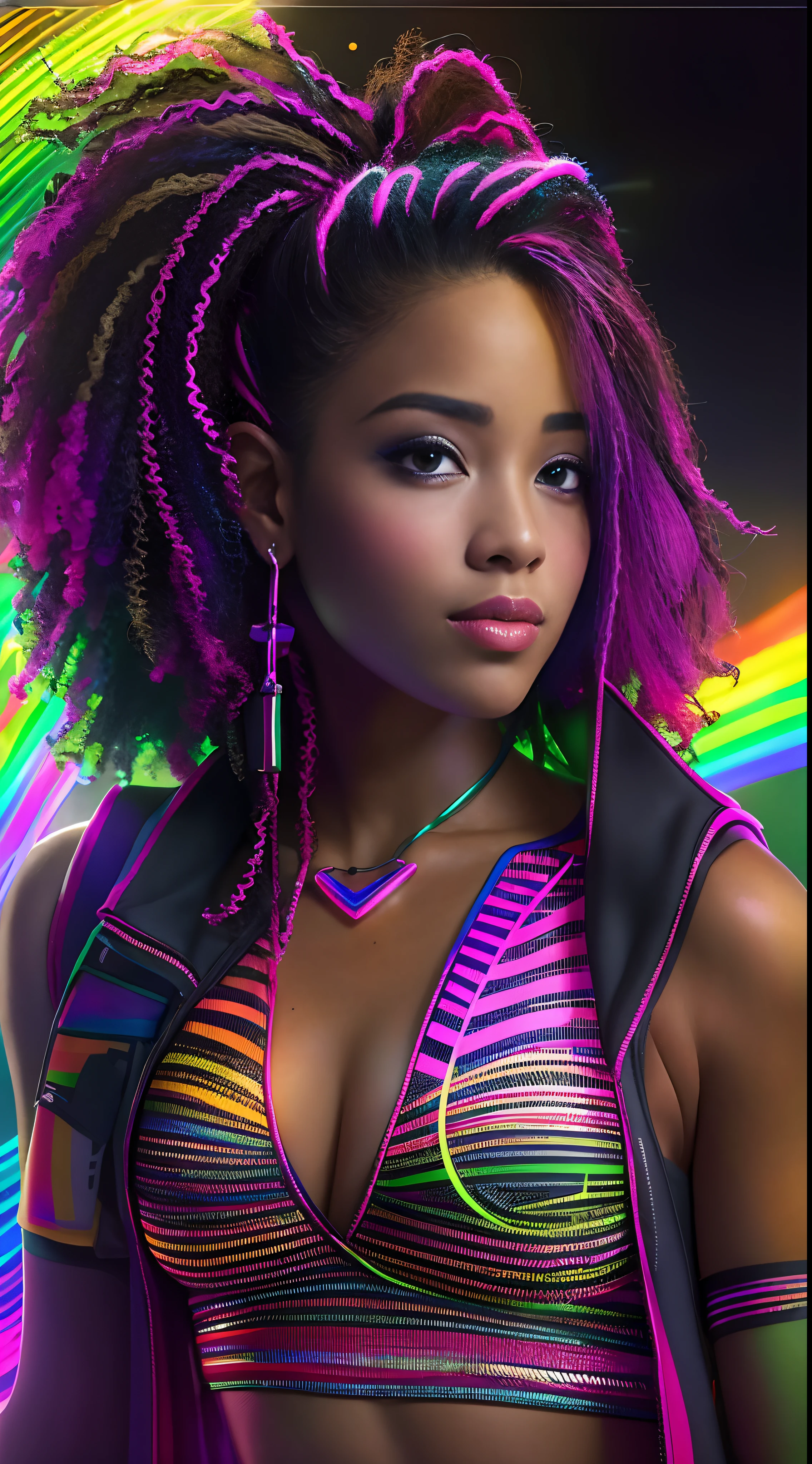 Mulher Arafed ((afro americana))with long rainbow hair and a neon cyberpunk tank top, retrato, Ela tem um rosto bonito, Imagens da Webcam, clivagem, peituda, sexy look at the camera, Fotografado na webcam, 4 8 0 p, 480p, Seu peito, she's facing the camera, gorgeous female, fundo do clube de discoteca, RGB, LED Rave Lighting