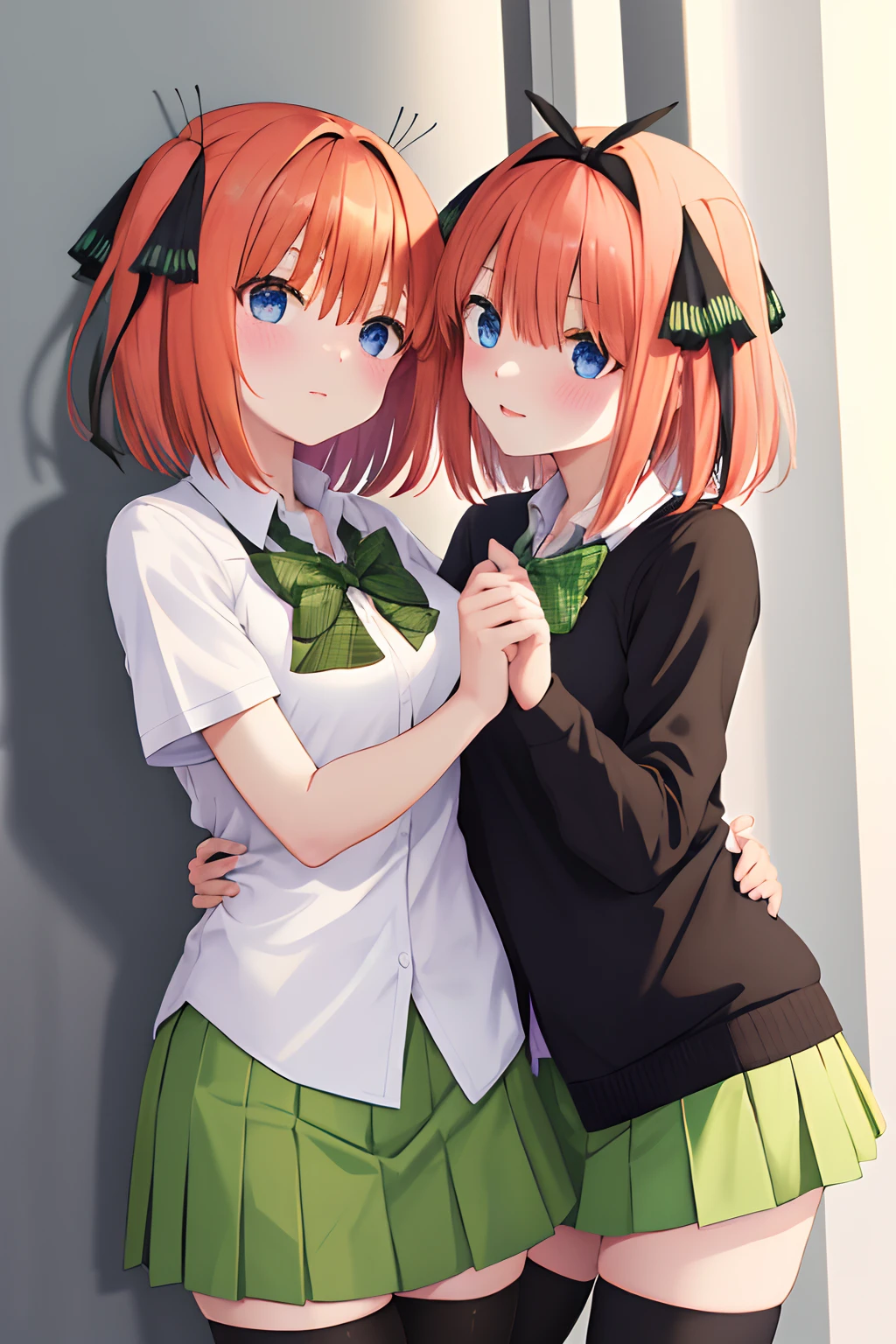 masterpiece, best quality, highres, 2 girl, 2 girl photo, a couple of girl, lesbian, kissing each other, yuri, nn1, hair ribbon, short hair, green skirt, white shirt, black cardigan, open clothes, white thighhighs, long sleeves, yotsuba nakano, bangs, short hair, blue eyes, hair between eyes, hair ribbon, hairband, orange hair, green ribbon,skirt, shirt, bow, ribbon, school uniform, white shirt, short sleeves, pleated skirt, shoes, socks, collared shirt, miniskirt, bowtie, black footwear, kneehighs, green skirt, black socks, loafers, green bow, sweater vest, green ribbon, knee sock