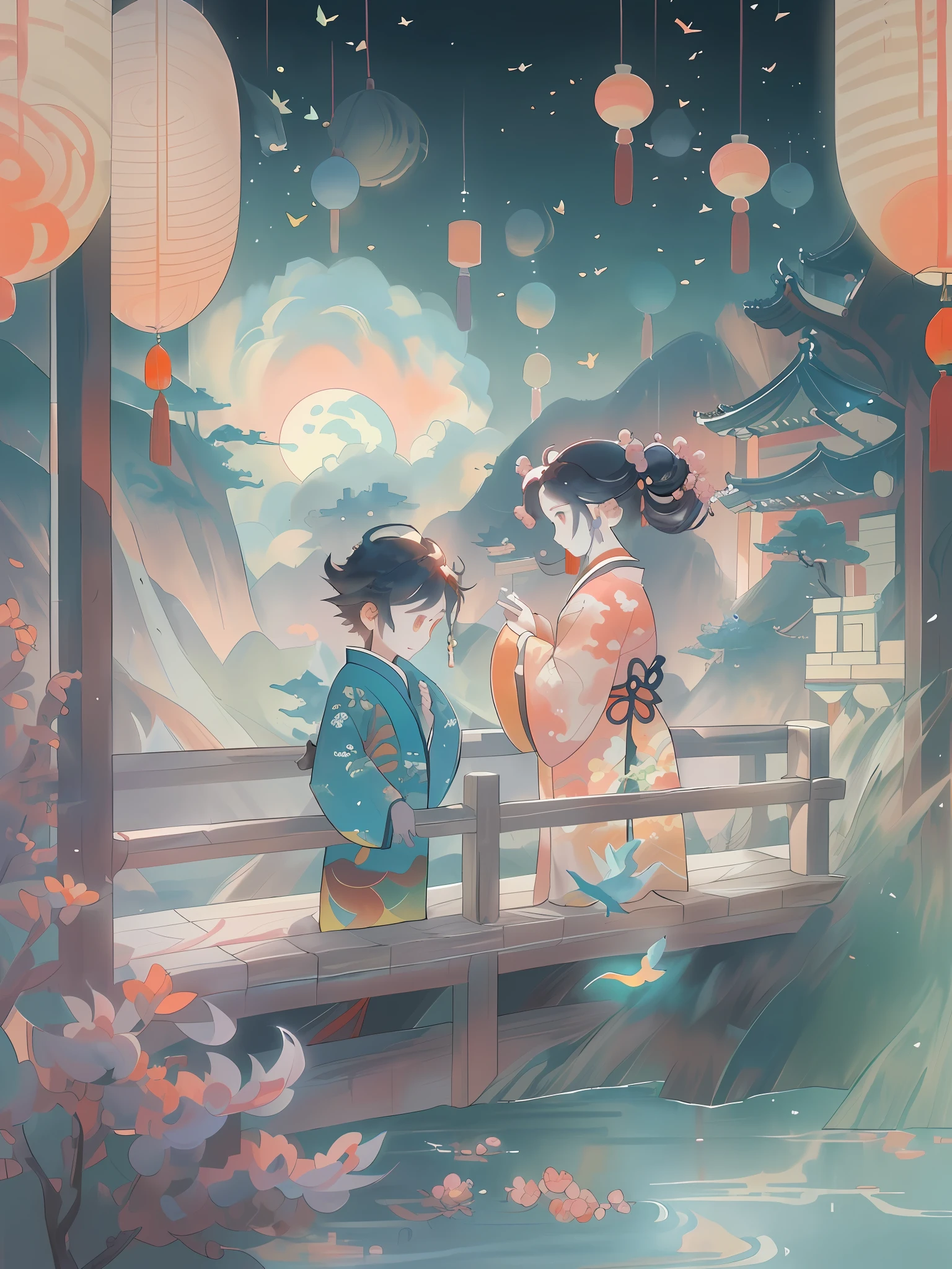 A boy and a girl meet on a bridge,Tanabata poster design pattern,Pink tones,Blue-purple,dreamy scenes,a warm color palette,Cloud arch bridge,the huge moon,fire works,Magpie triangle composition,detail-rich,down view,Long shots,Chinese traditional painting,Jade,mountain water,auspicious,Pale color background,Best quality,pastels,softlighting,4K,A plant
