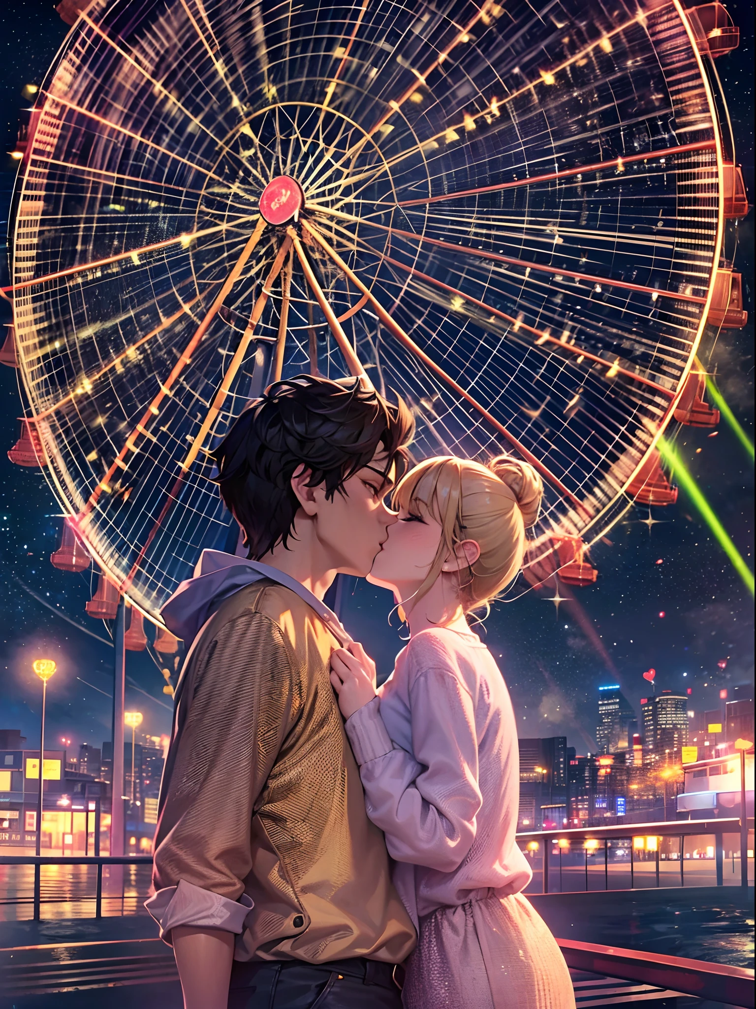 Romantic couple kissing in the wind,Brunette boy,High-haired girls,glowing stars,Glow effects,Heart-shaped bubbles,the night,he Ferris wheel,fire works,The face is clear and accurate,detail in face,super-fine,16K resolution,high qulity,电影灯光,High picture detail,dynamic viewing angle,Detailed pubic hair,Epic shooting,oc rendered
