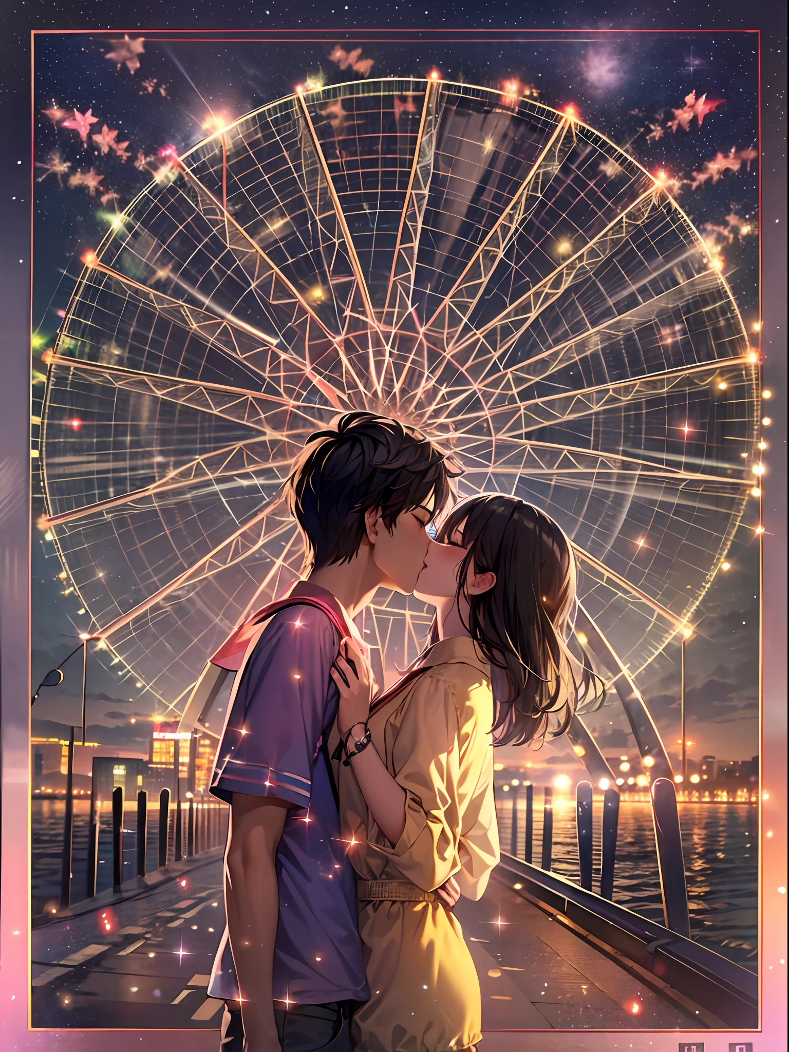 Romantic couple kissing in the wind,Brunette boy,High-haired girls,glowing stars,Glow effects,Heart-shaped bubbles,the night,he Ferris wheel,fire works,The face is clear and accurate,detail in face,super-fine,16K resolution,high qulity,电影灯光,High picture detail,dynamic viewing angle,Detailed pubic hair,Epic shooting,oc rendered
