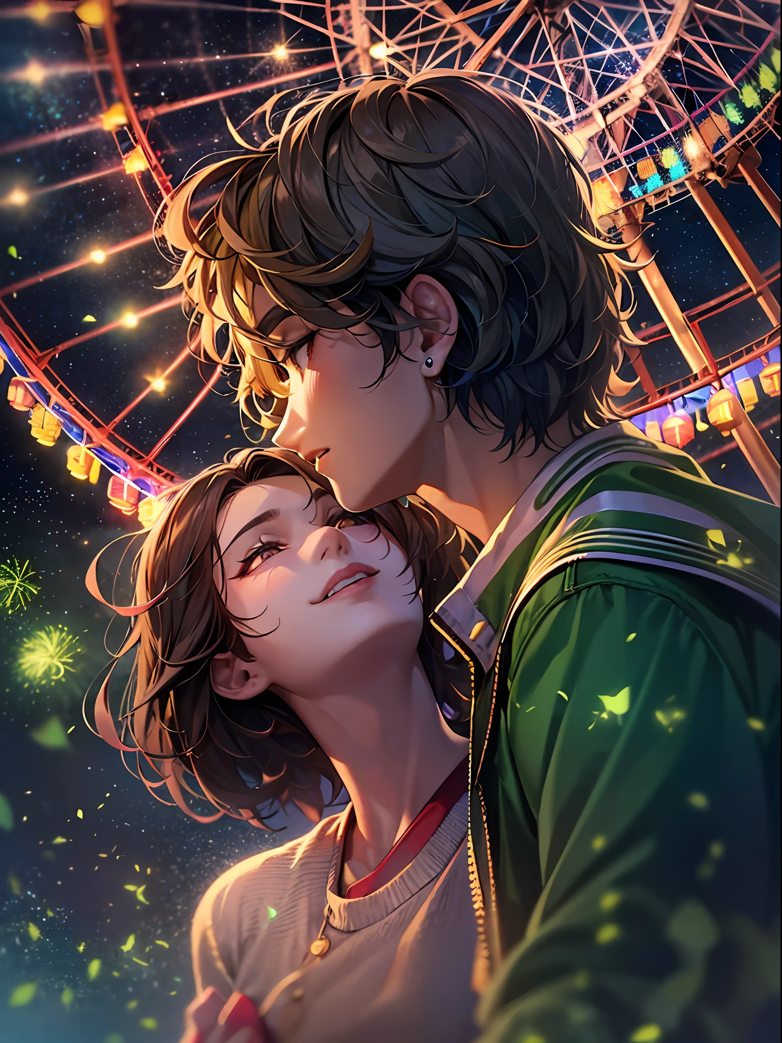 Romantic couple kissing in the wind,Brunette boy,High-haired girls,glowing stars,Glow effects,Heart-shaped bubbles,the night,he Ferris wheel,fire works,The face is clear and accurate,detail in face,super-fine,16K resolution,high qulity,电影灯光,High picture detail,dynamic viewing angle,Detailed pubic hair,Epic shooting,oc rendered