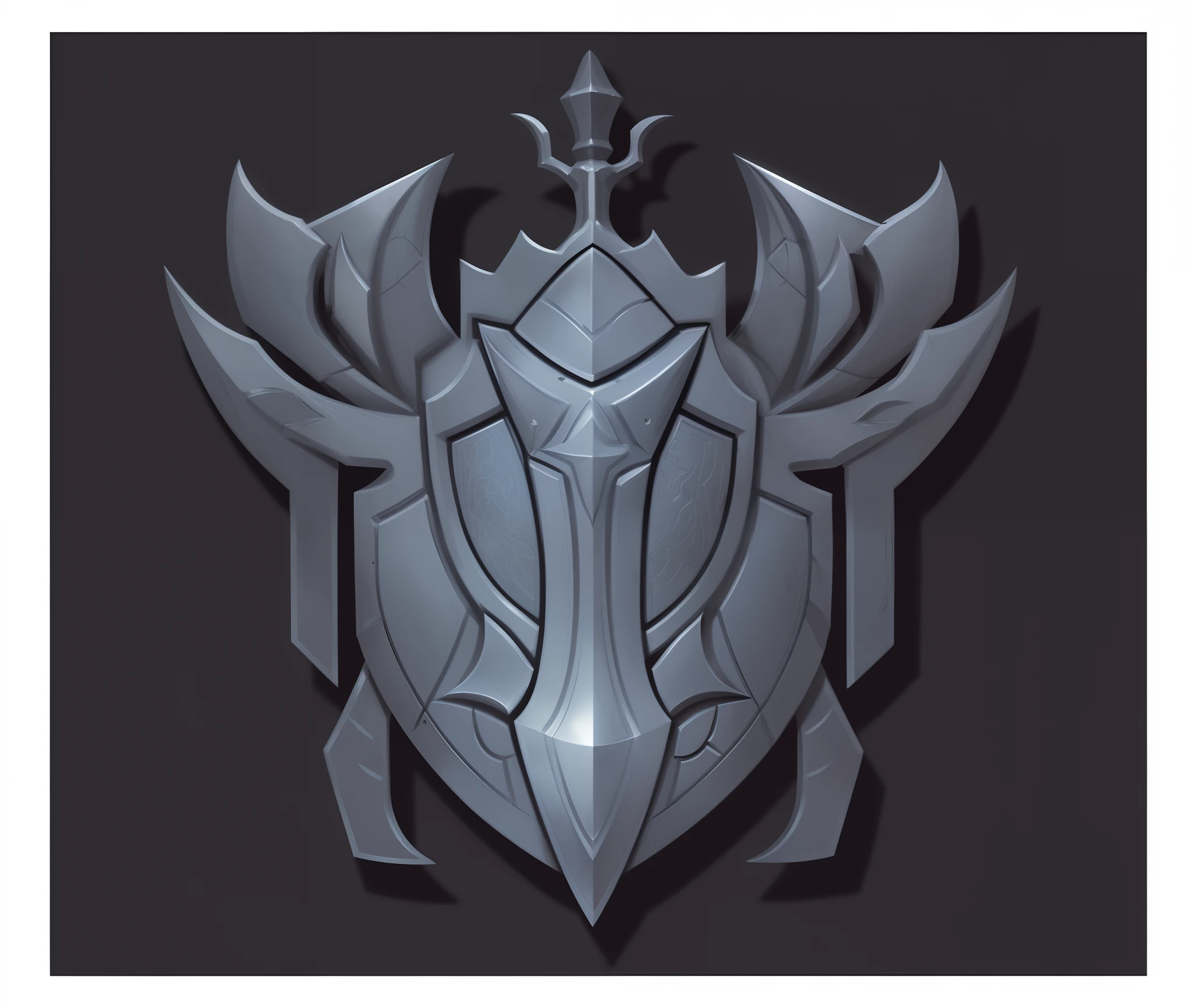Close-up of metal shield with sword, shield design, symmetric concept art, The sword, ,blade design, simple shading, minimal design armor style, A scene from the《Intrepid Covenant》Omen, lineage 2 revolution style, style of league of legends, emblem of wisdom, concept art style, fantasy shield, Riven, valorant style,Orange colors
