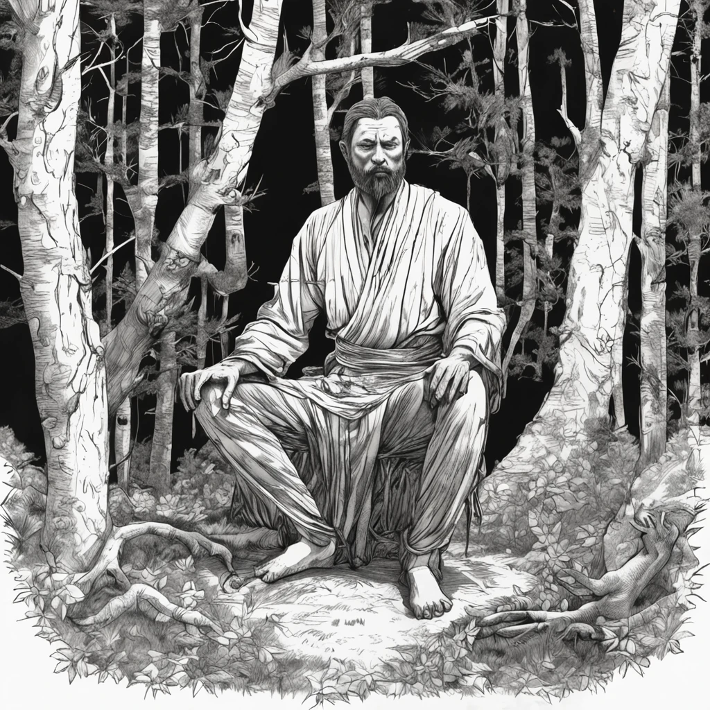 (Masterpiece)"black and white sketch,Man meditating in the forest,Used as illustration for fantasy role-playing games. The character should be depicted in full body on a white background, The monochrome style should highlight the presence of the character,Highlight the interplay of light and shadow, Add a touch of intrigue to the overall composition", "Best quality, Masterpiece, 超高分辨率, (photograph realistic:1.4), surrealism, Dream-like,fusionart,,"