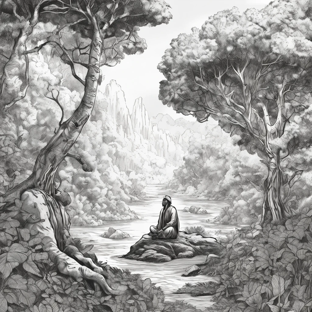 (Masterpiece)"black and white sketch，Man meditating in the forest，Used as illustration for fantasy role-playing games. The character should be depicted in full body on a white background, The monochrome style should highlight the presence of the character，Highlight the interplay of light and shadow, Add a touch of intrigue to the overall composition", "Best quality, Masterpiece, 超高分辨率, (photograph realistic:1.4), surrealism, Dream-like,fusionart,,"