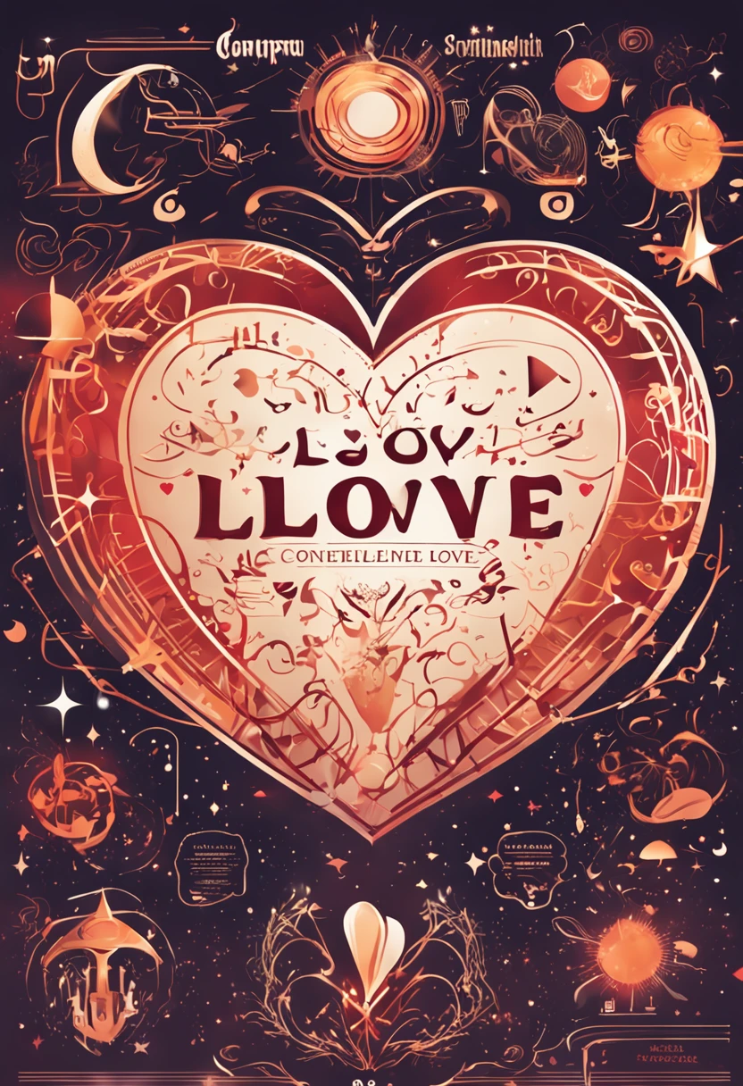 Place mystical images of the universe and constellations on the background、Place a heart-shaped symbol with reduced transparency on top of it。In the center of the heart shape is「Spiritual Love Lab」in an elegant typeface.。The colors are a combination of warm colors that symbolize love and mysterious colors that symbolize spirituality.、Keep the design harmonious overall。