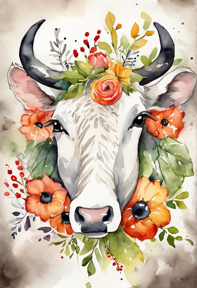 A cute American black and white spotted cow,A bright wreath is worn on his head,Positive perspective,cartoonish style