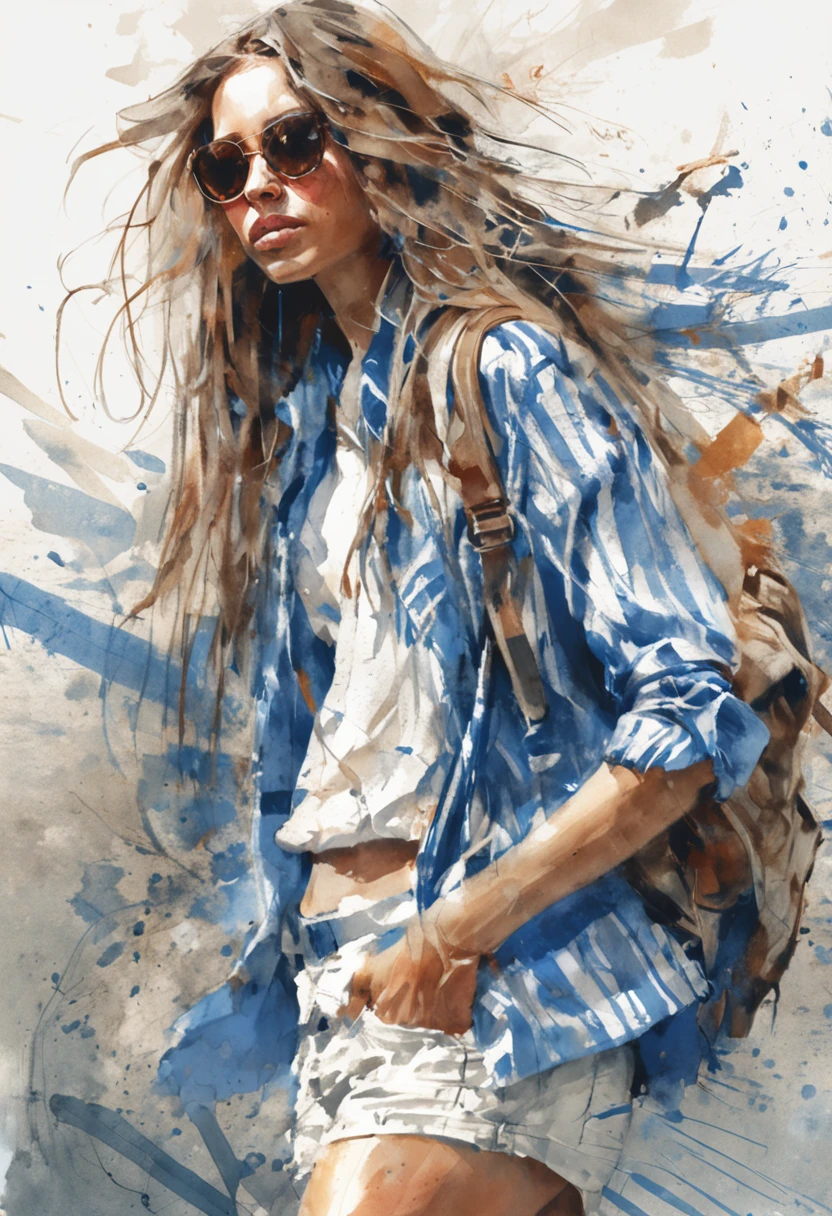 Perfect centering, Cute girl, Wear a blue and white striped T-shirt, Wearing sunglasses, Fall from the bike, cheerfulness, Standing position, Abstract beauty, Centered, Looking at the camera, Facing the camera, nearing perfection, Dynamic, Highly detailed, smooth, Sharp focus, 8K, high definition resolution, illustration, Art by Carne Griffiths and Wadim Kashin, White background