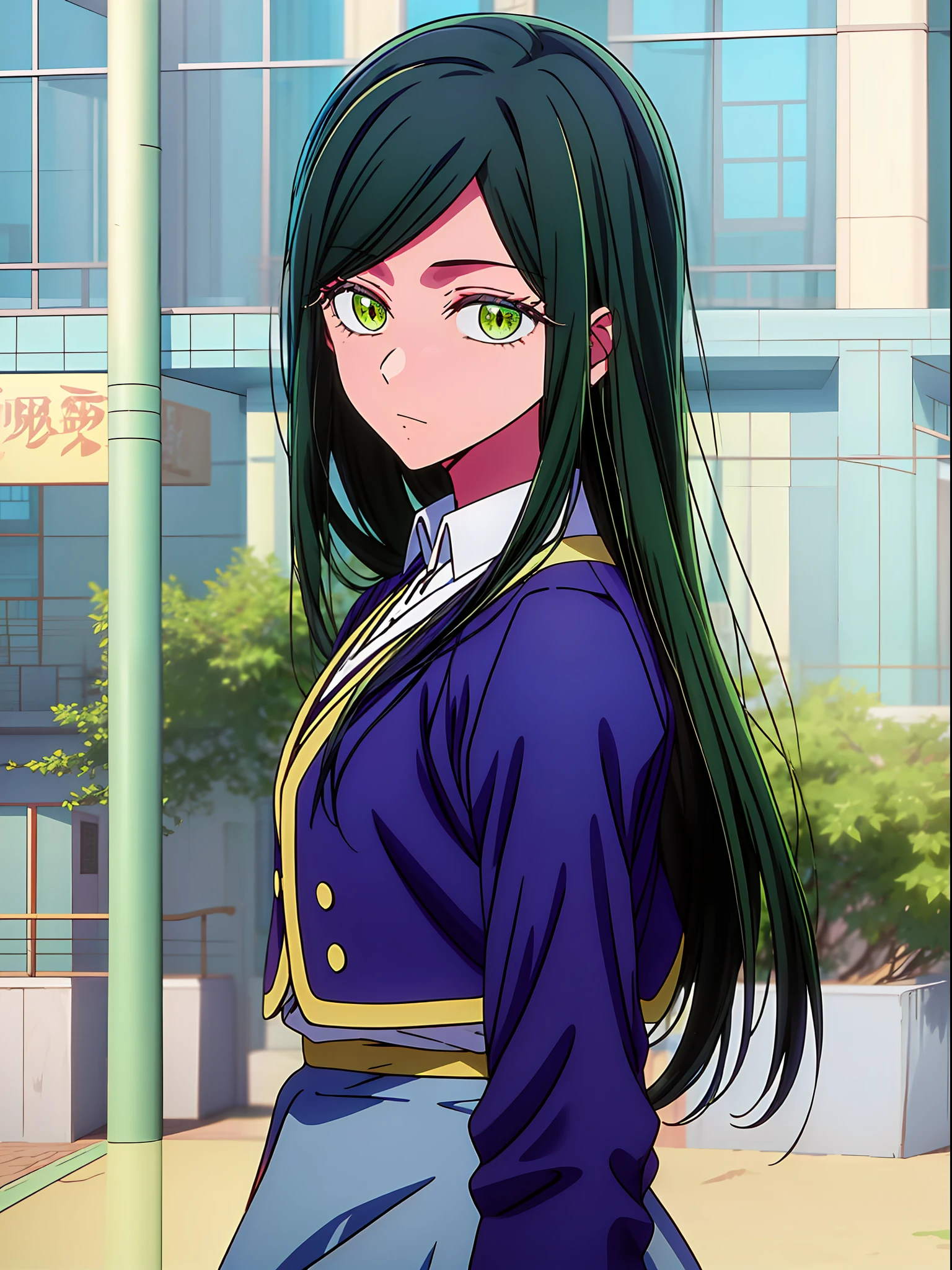 1girl in (masutepiece) (Best Quality)(Shiny hair)(Shiny skin)、frillshiranui\(Oshinoko\)、校服、Blue jacket、skirt by the、校服、blazers、Green hair、verd s eyes、