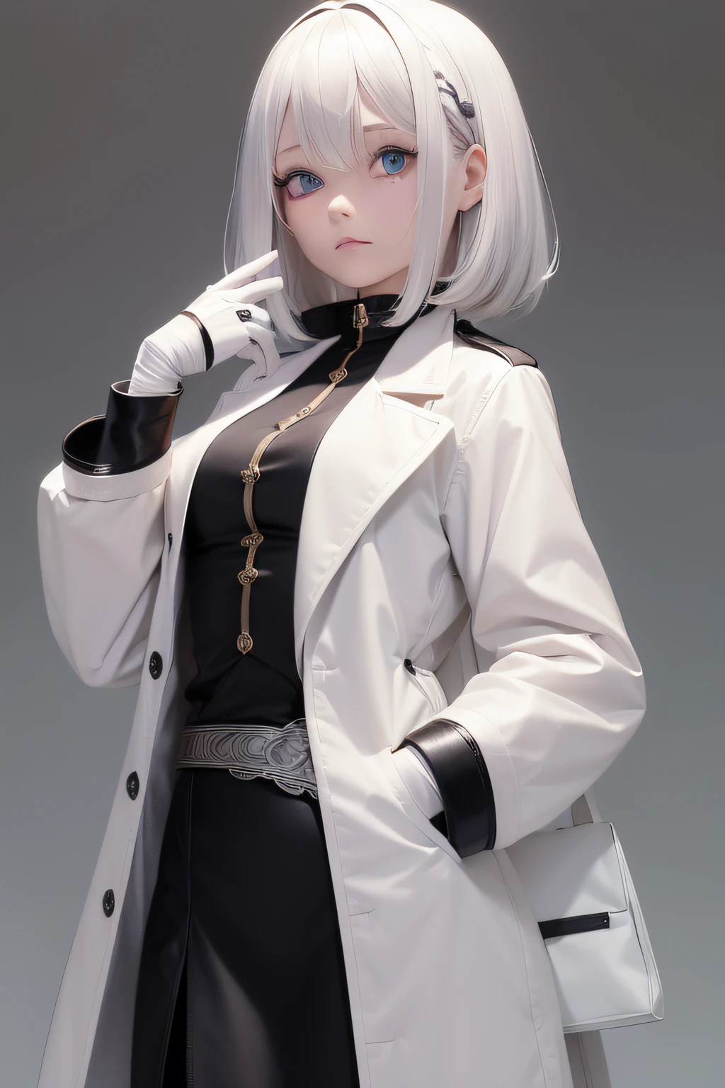 A character with white hair and a black mask,and blue slippers, with a white background 