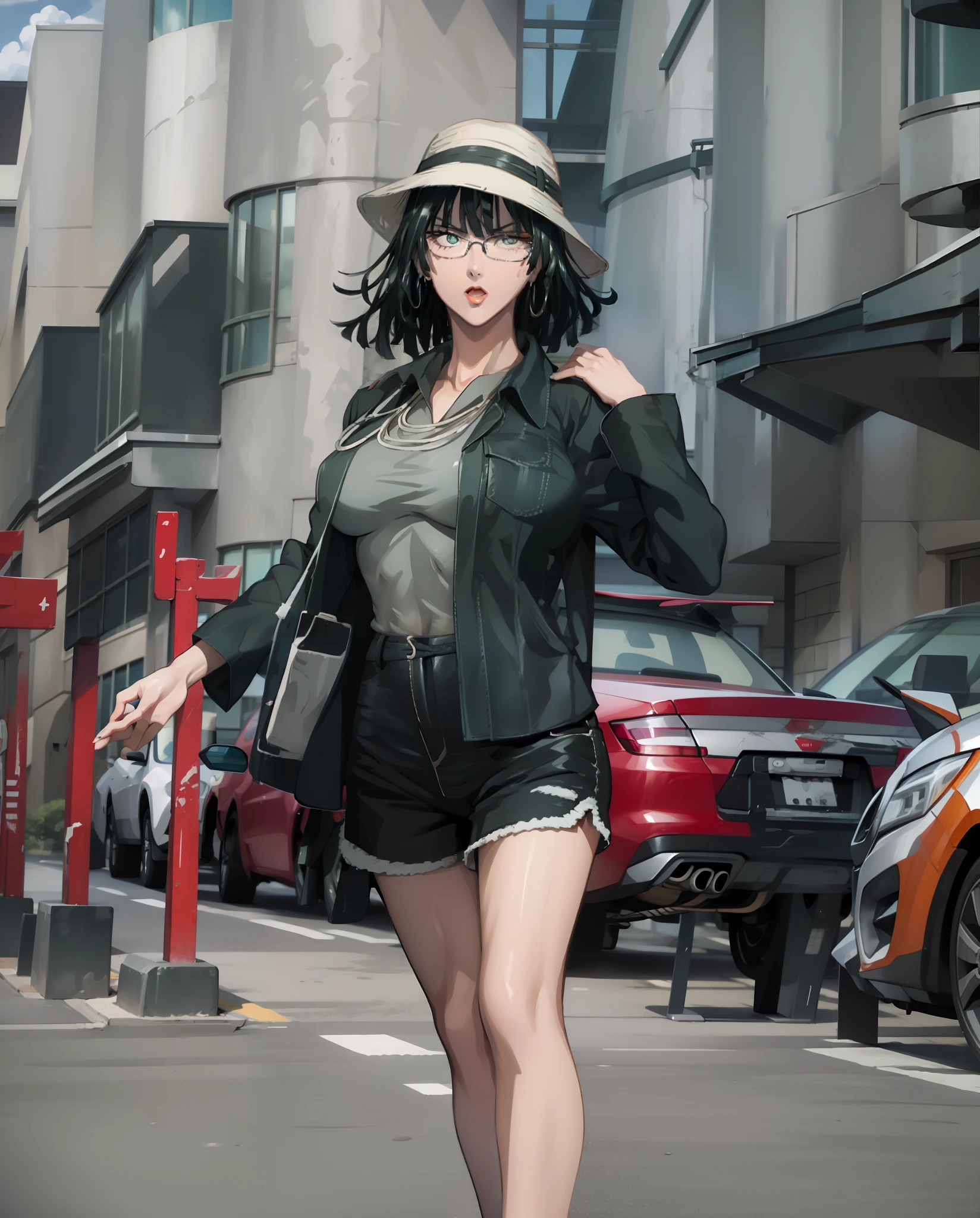 Girl, red lips, big nose, big tits, glasses, shorts hair, black hair colors, wearing earrings, wearing a necklace, fair skin, gray bucket hat colors, long sleeve levis shirt, white shorts tank top colors, short black pants, sexy body, sexy girl, stand pose, elegant pose, beautiful girls, in outdoor, urban background, realistic, looking forward