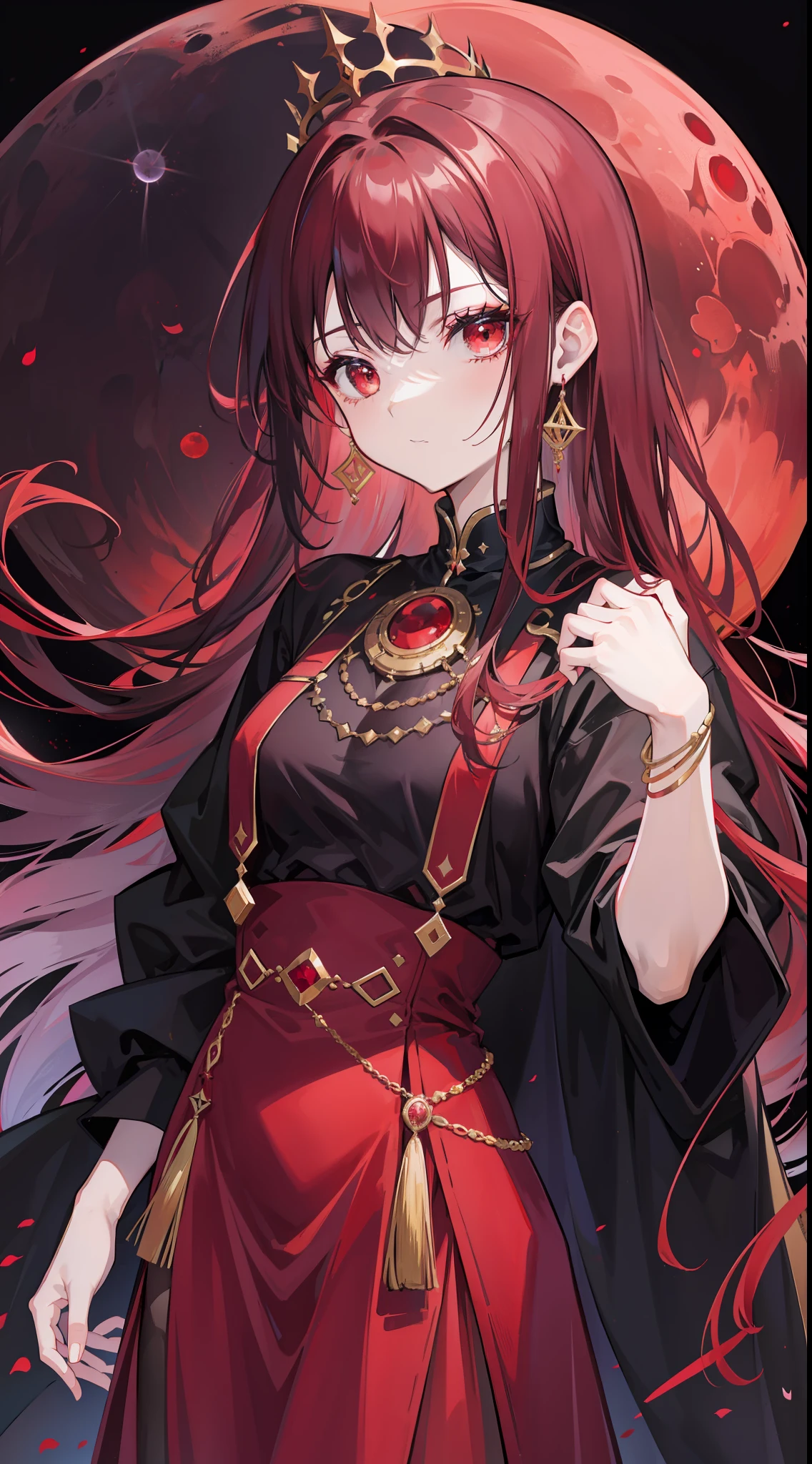 Red moon background，Relatively pale black-red hair and clothes，Black and reddish purple clothes，and gold jewelry，She is a very proud queen sister