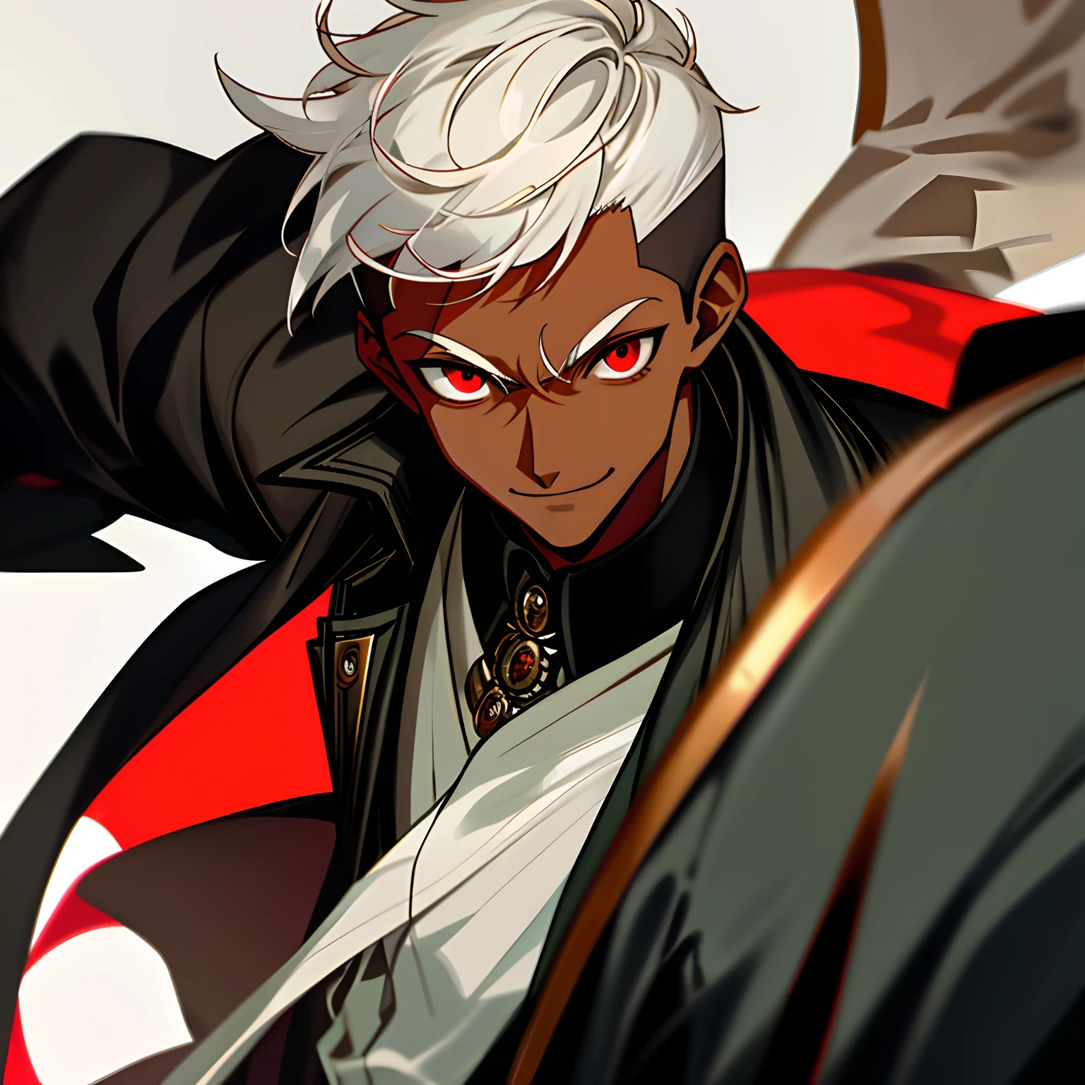 Solo, 1boy, dark skin, short hair, shaved side, coat, red eye, detailed eye, eye with reflex,smiling