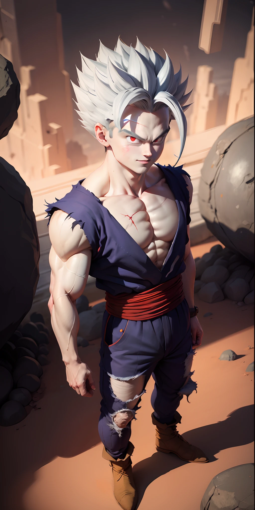 masterpiece, best quality, ultra-detailed, Adult Gohan 1boy, solo, Full body, evil smile, grey hair, spiked hair, red eyes, dougi, full body, looking at viewer, male focus, earth \(planet\), planet, space, cracked ground and rocks rising up, rubble rising,