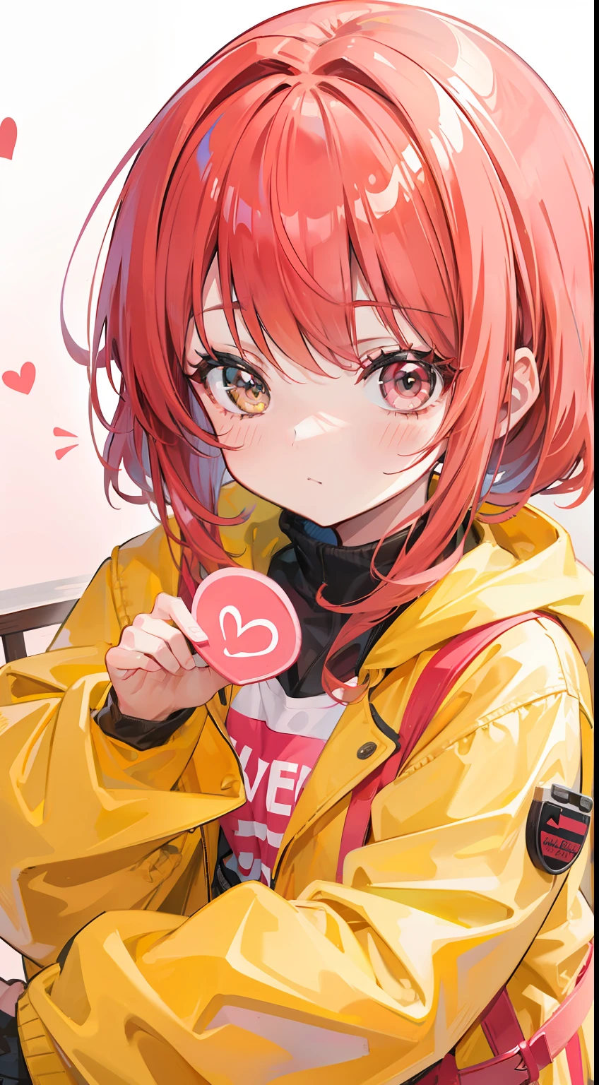 Salmon red hair，Pure yellow coat，There are pink love heart decorations，Cute  girl s