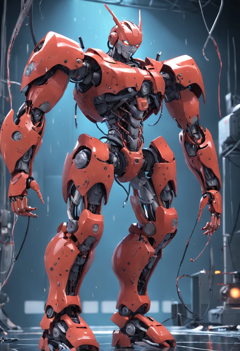 a humanoid robot, cyberbot, damaged body, amputated lower body, electric field leakage, mechanics, blood hook, circuit detail, front view, hyder hd, 8k gray background