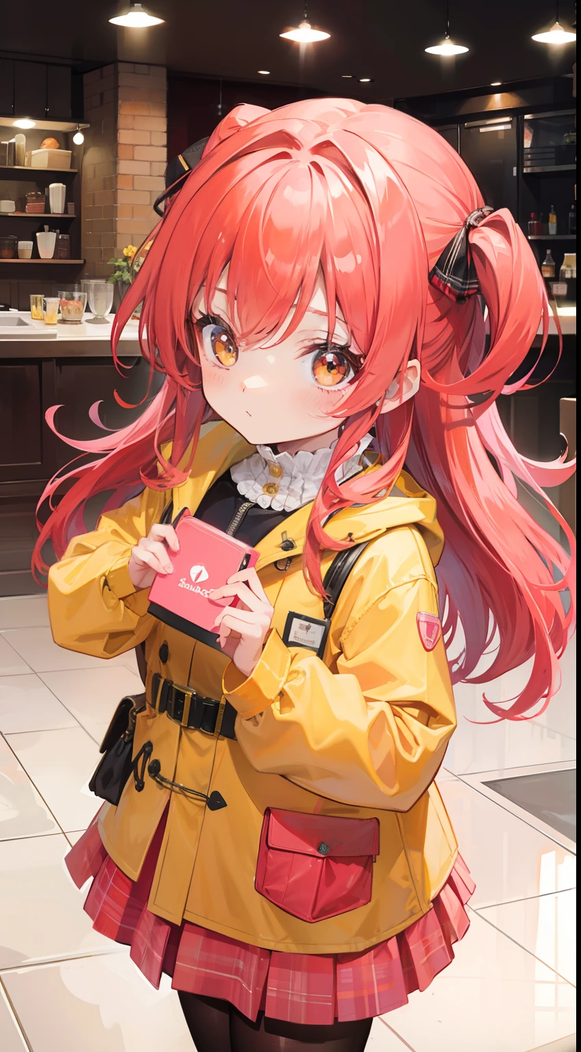 Salmon red hair,Pure yellow coat,There are pink love heart decorations,Cute little girl s