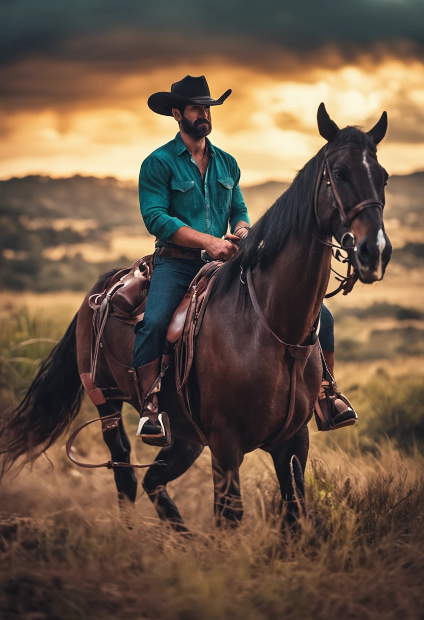 Cowboy with plain black hat, montado em um cavalo, foto de costas atravesando um rio