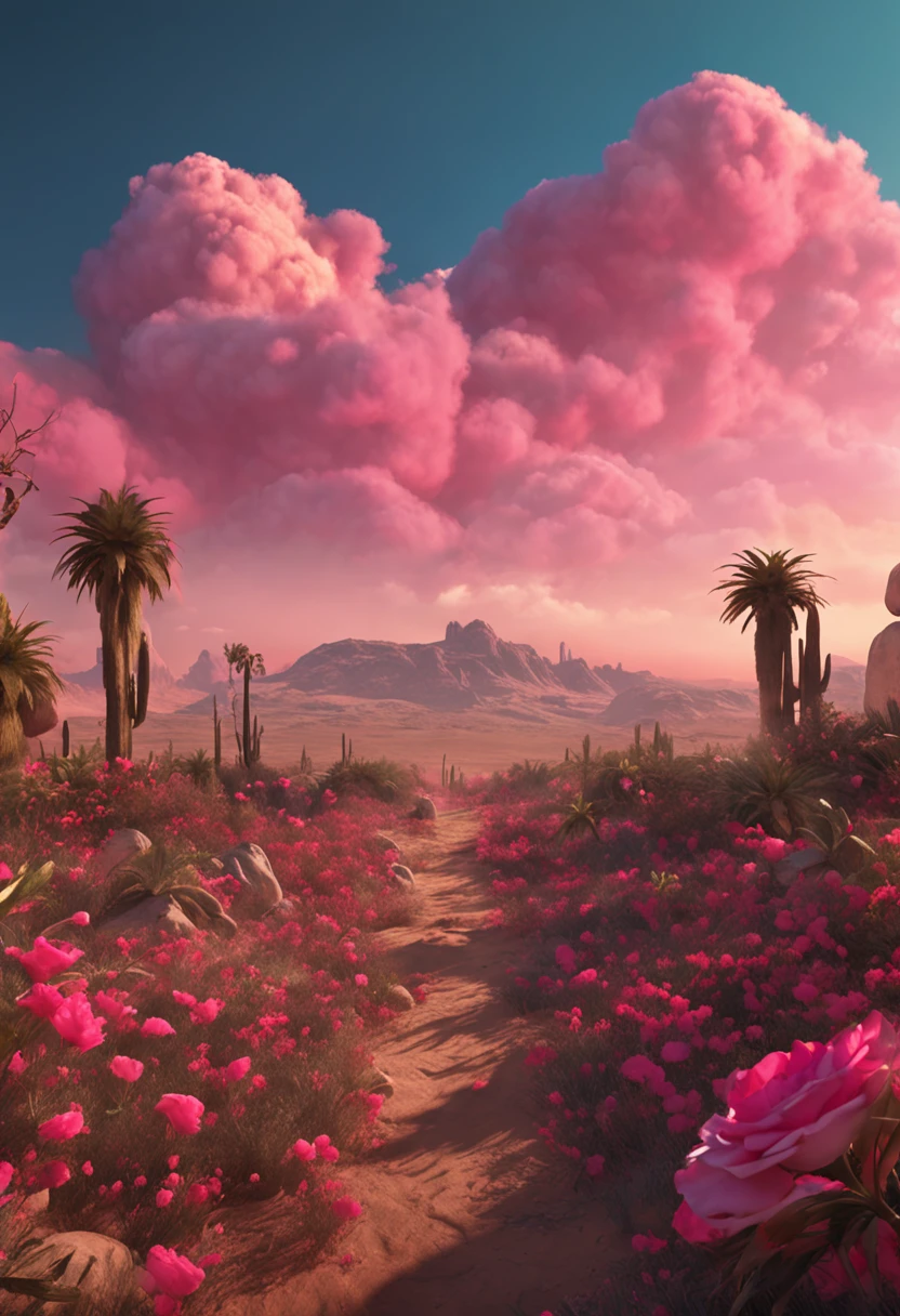 Summer, desert, pink clouds, a land overgrown with roses, James Gurney, art station rendering, ultra-wide lens, high definition