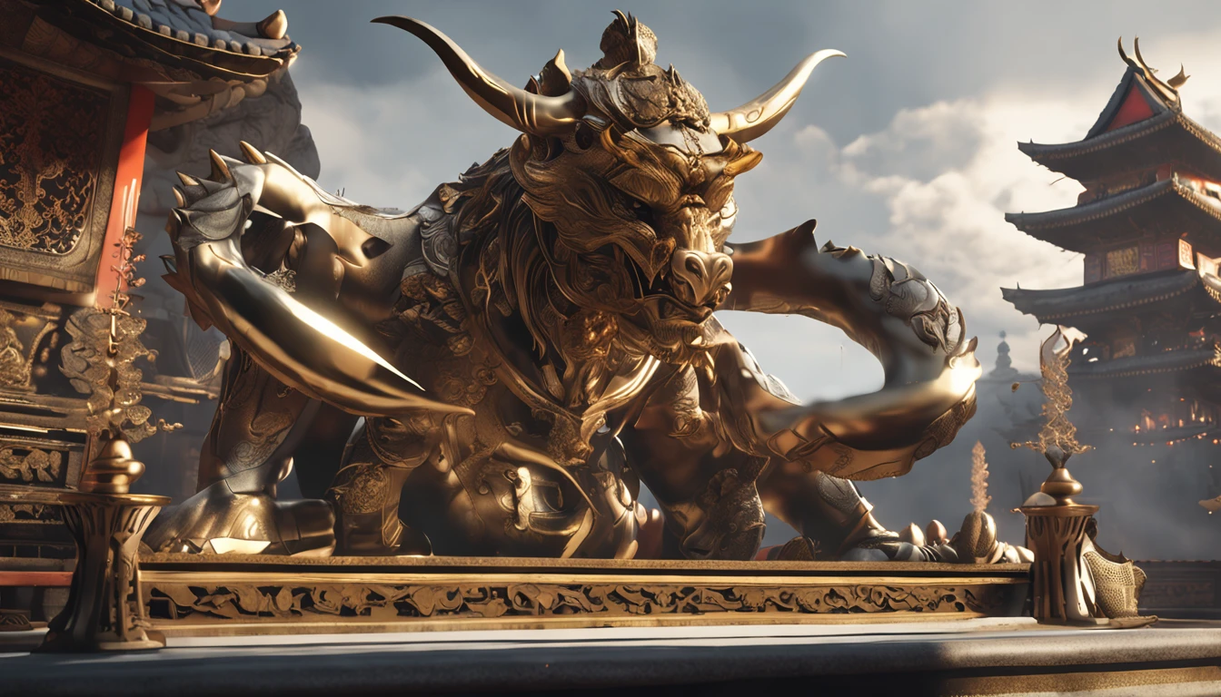 A crowd of people with their backs kneel in front of a statue resembling a golden calf, a dramatic scene that portrays biblical times, ultra realistic in 4k