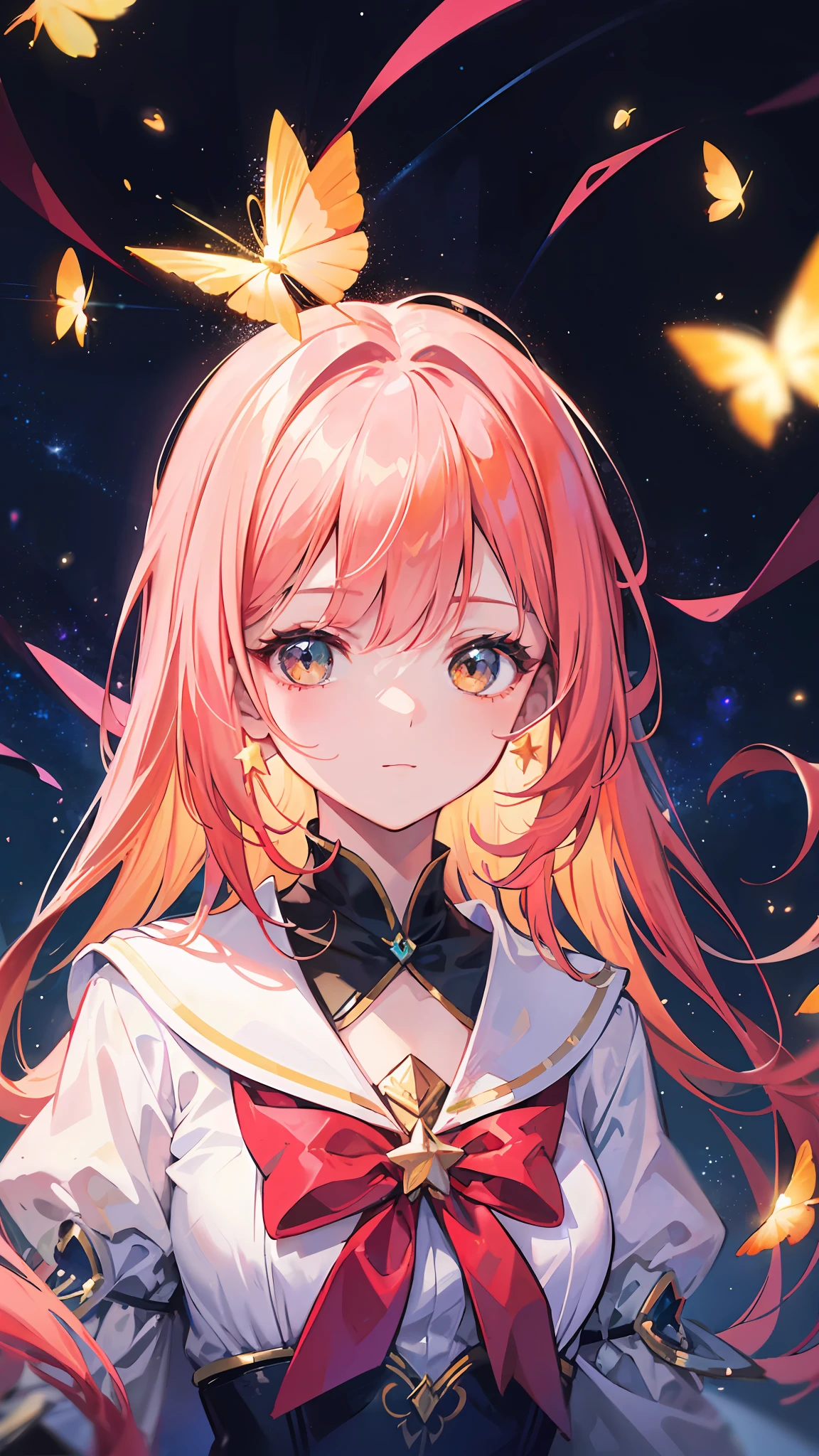 Draw a girl in a flower field,There is a string of lights, little girl with magical powers, girl looks at the space, among wonderful golden fireflies, With stars, DreamlikeArt, among golden fireflies, Shine among the stars, calm evening. Digital illustration, portrait of the magical girl, dreamlike digital painting, dreamlike illustration, Starry, Stars shine