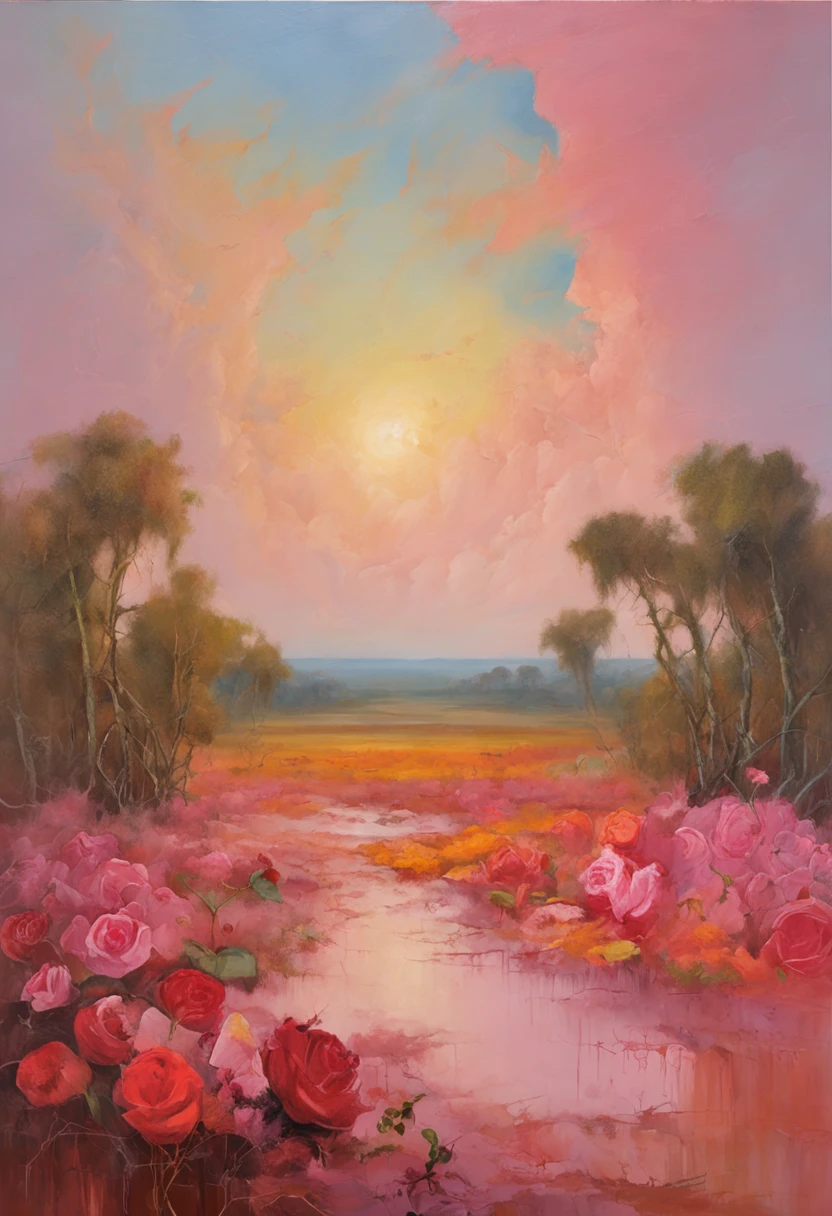 Summer, desert, pink clouds, a land overgrown with roses, James Gurney, art station rendering, ultra-wide lens, high definition