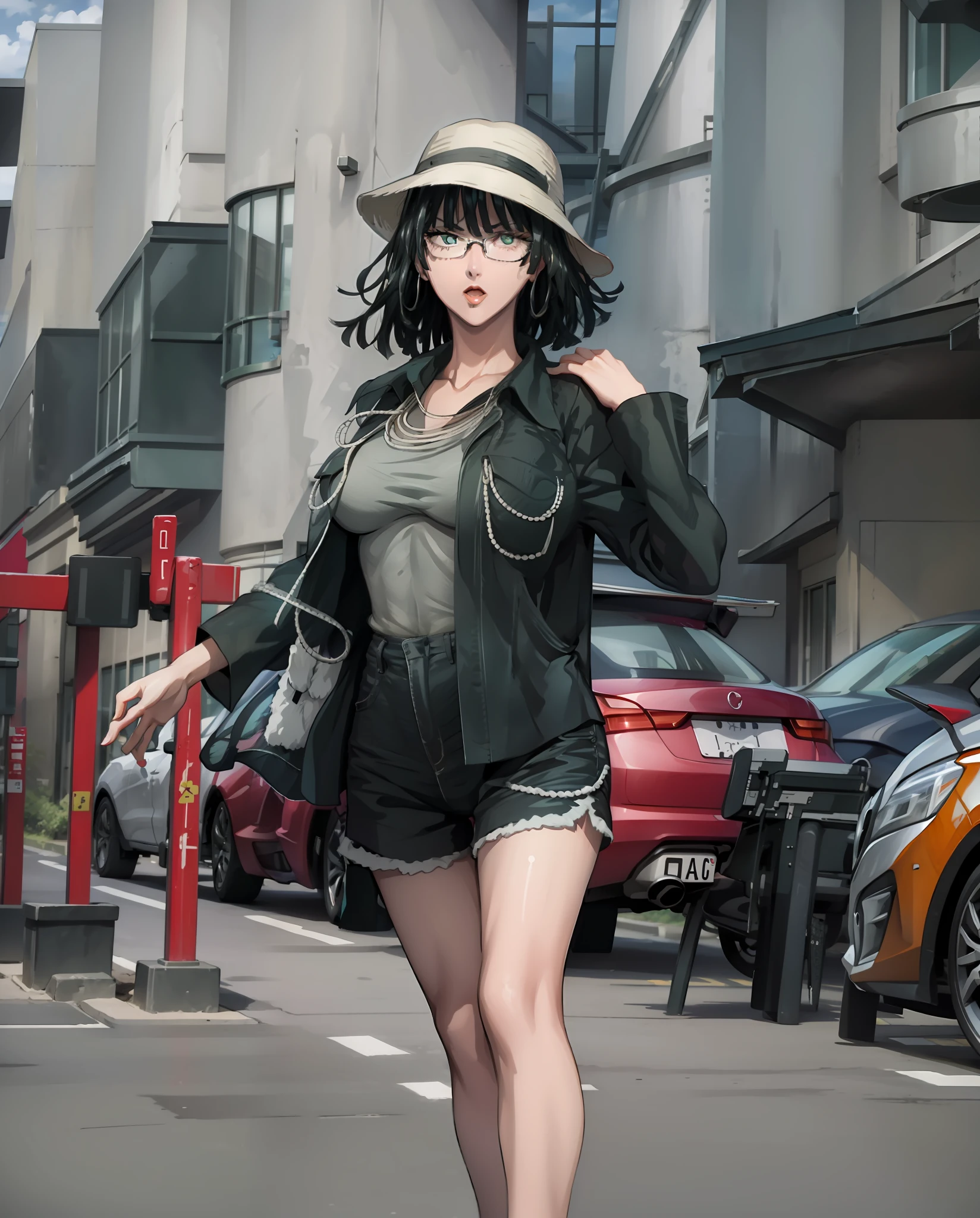 Girl, red lips, big nose, big tits, glasses, shorts hair, black hair colors, wearing earrings, wearing a necklace, fair skin, gray bucket hat colors, long sleeve levis shirt, white shorts tank top colors, short black pants, sexy body, sexy girl, stand pose, elegant pose, beautiful girls, in outdoor, urban background, realistic, looking forward