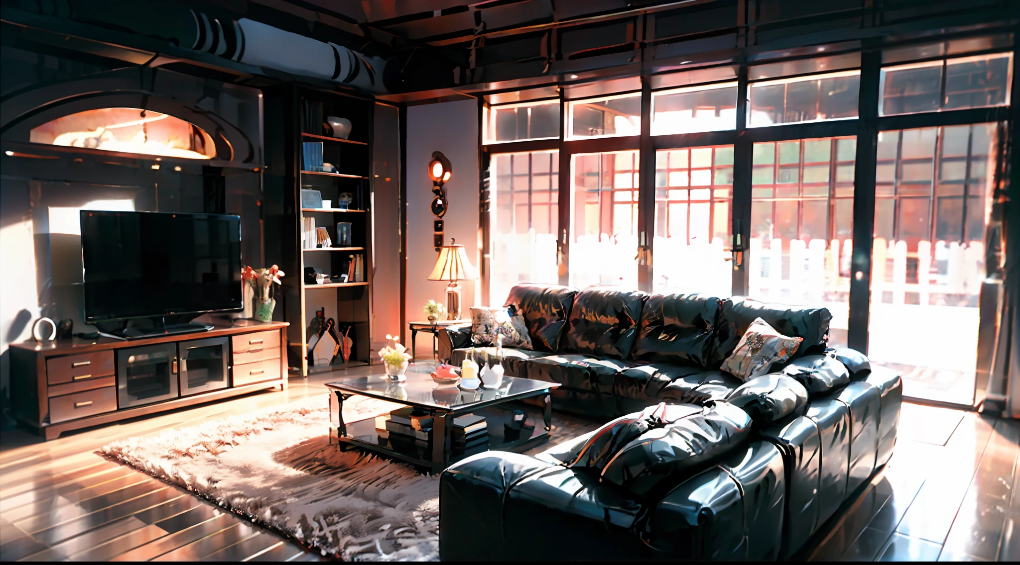 Warm brown tone living room：The whole space is dominated by warm brown，It creates a warm and comfortable atmosphere。The sofa is made of warm brown leather，Paired with dark wood coffee table and TV stand，A warm contrast is formed。Several nature-themed paintings hang on the walls，Added a relaxed touch。The light is gentle，Warm tones，Creates a comfortable and pleasant atmosphere。